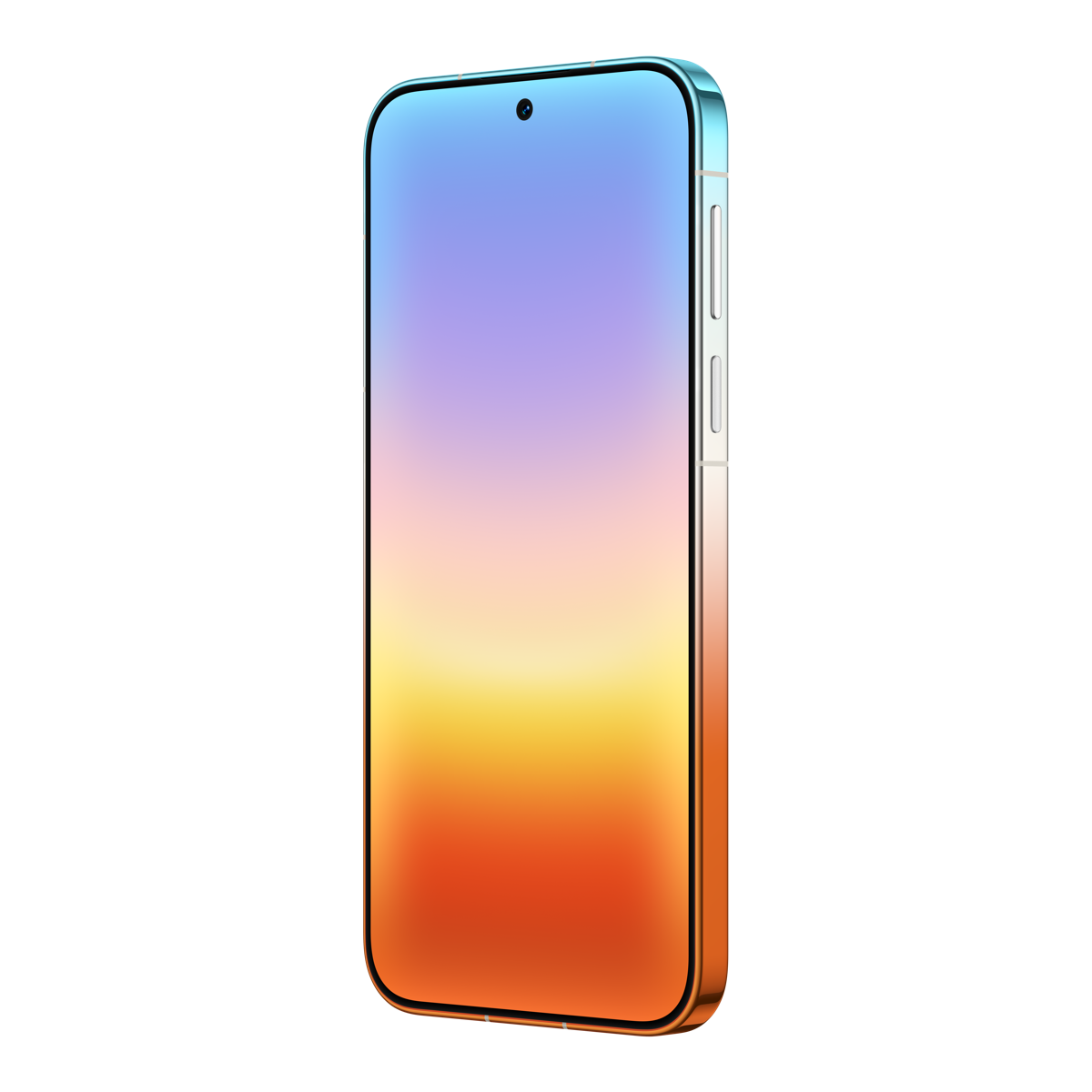 Siyah arka plan üzerinde mavi, turuncu ve kırmızı geçişli ekrana sahip bir akıllı telefon.