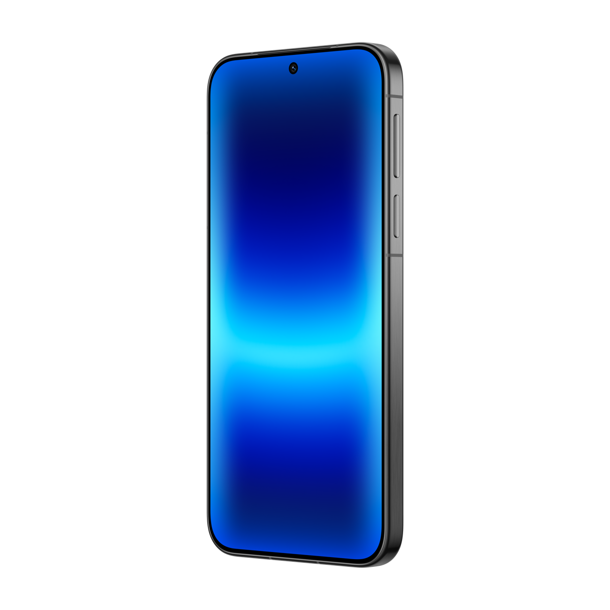 Siyah arka plan üzerinde mavi ekranlı ve yan düğmeleri görünen bir akıllı telefon.