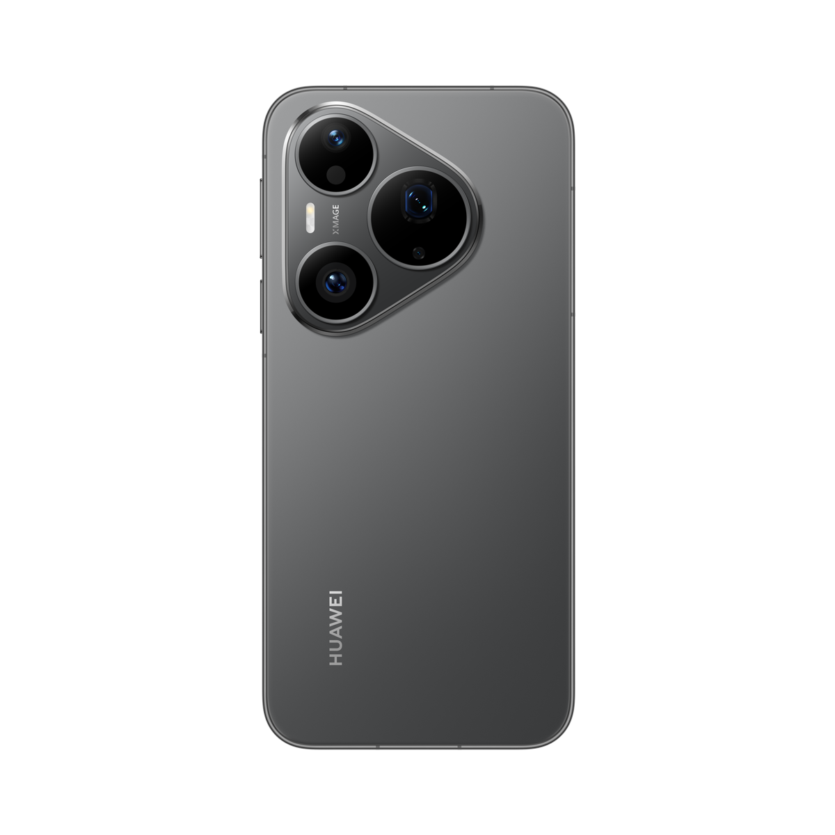 Siyah arka planda üçgen üçlü kamera modülü ve Huawei logosu bulunan gri bir Huawei akıllı telefonun arkası.