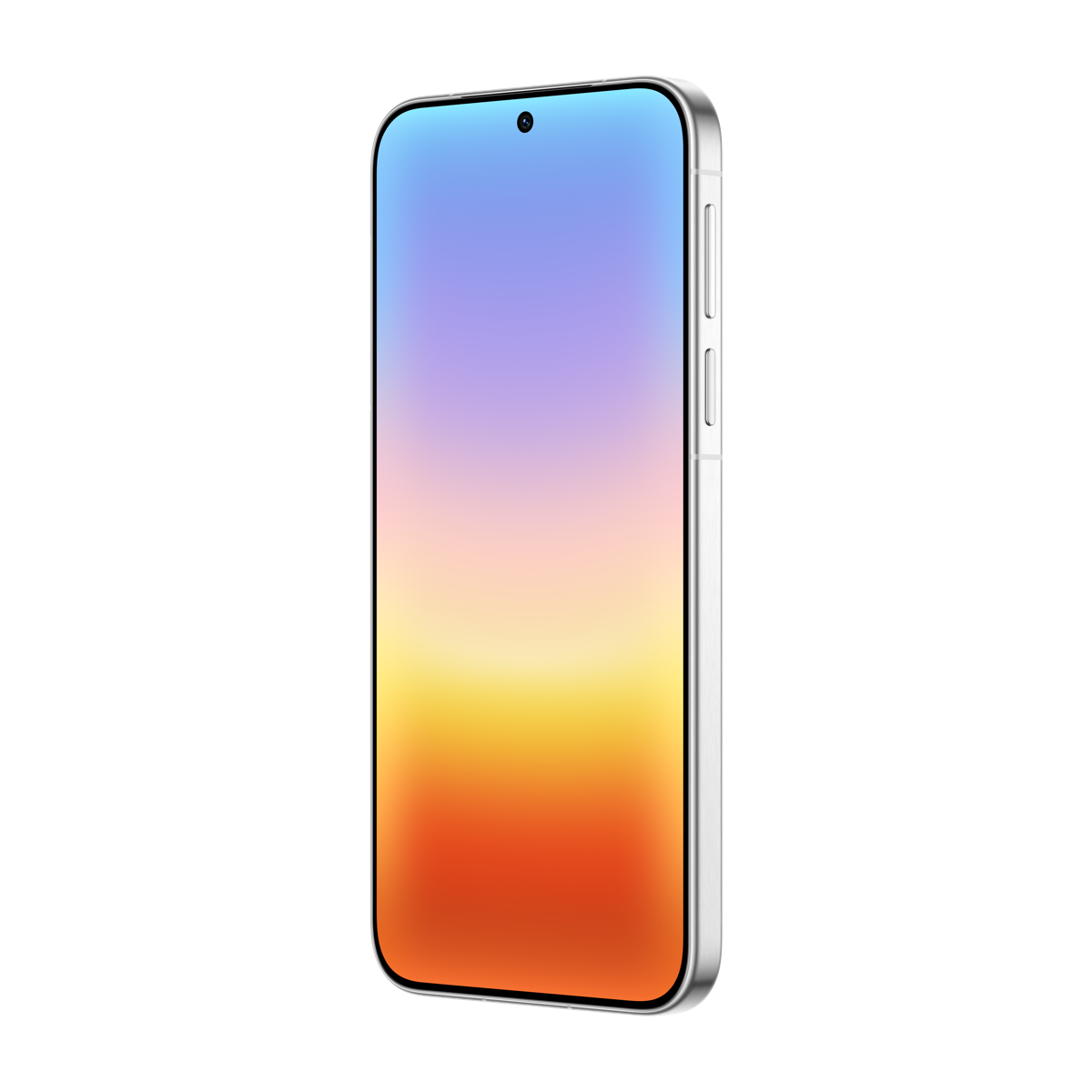 Siyah arka plan üzerinde mavi, sarı ve turuncu geçişli ekrana sahip beyaz bir akıllı telefon.