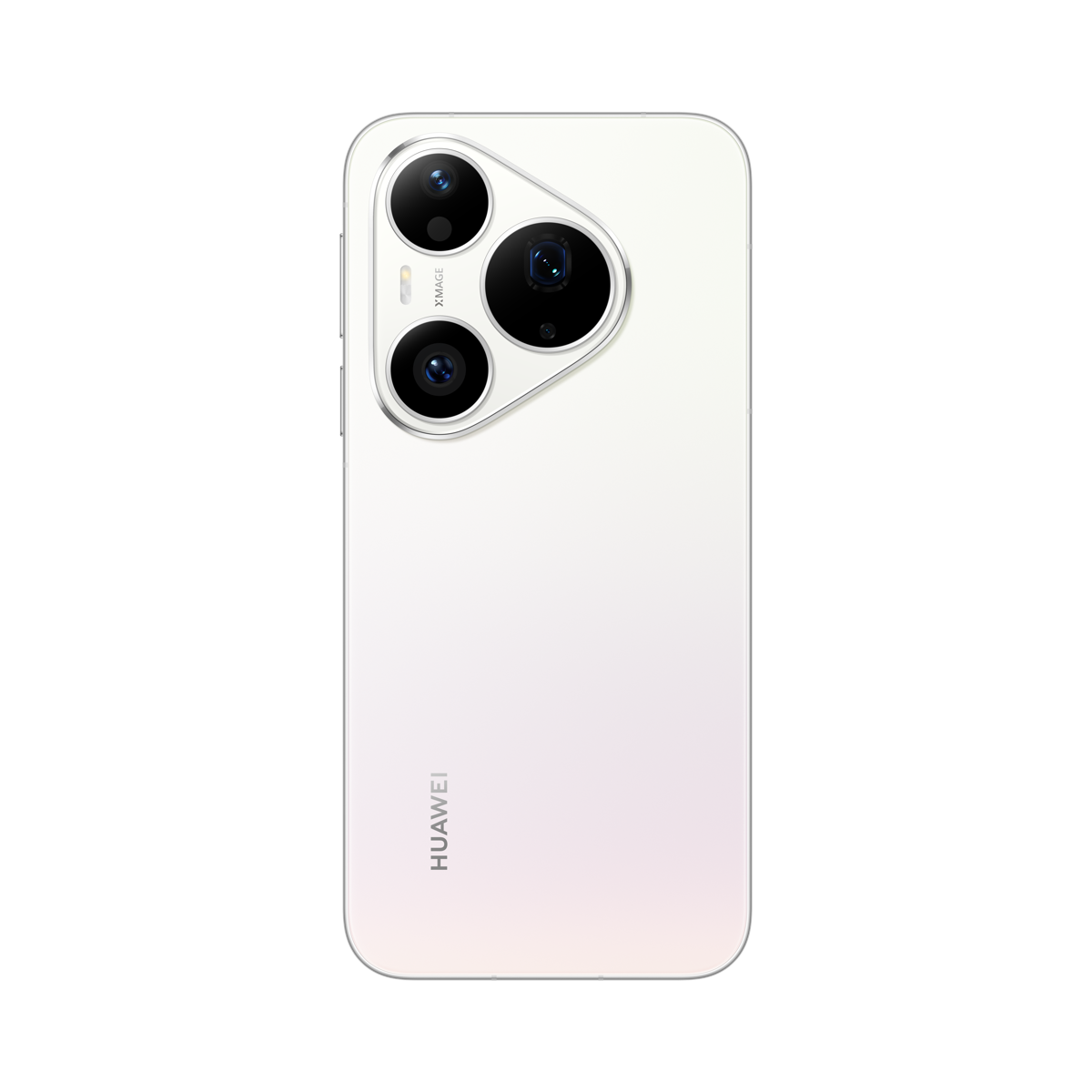 Üç lensli üçgen kamera modülüne sahip beyaz bir Huawei akıllı telefonun arkası.