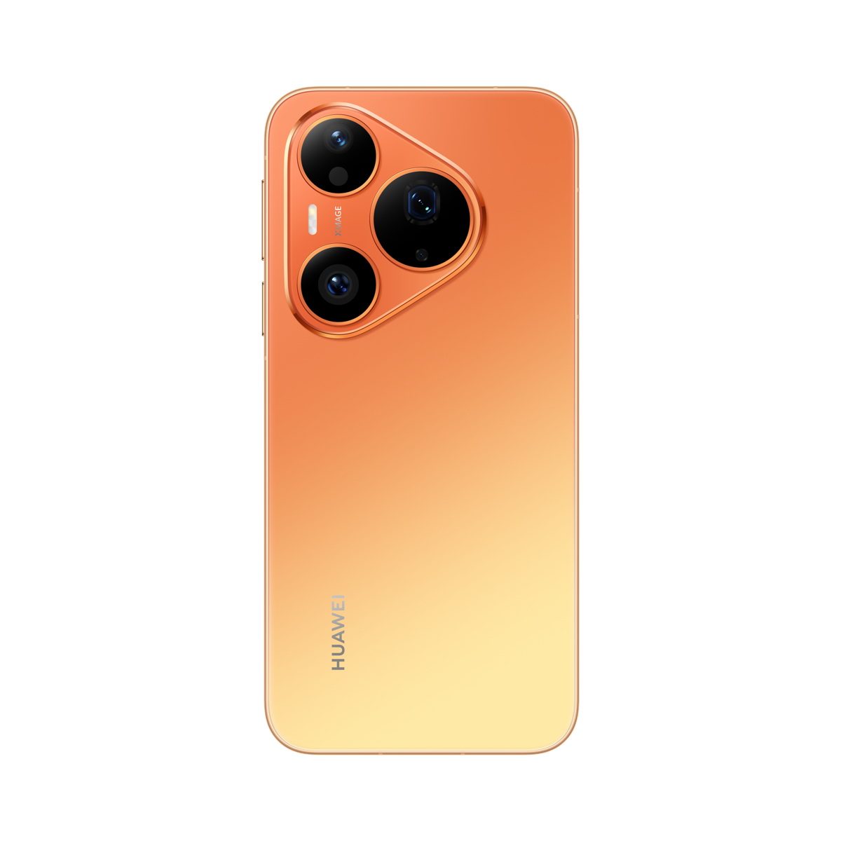 Siyah arka planda üç kameralı lensli turuncu ve sarı Huawei akıllı telefonun arkası.