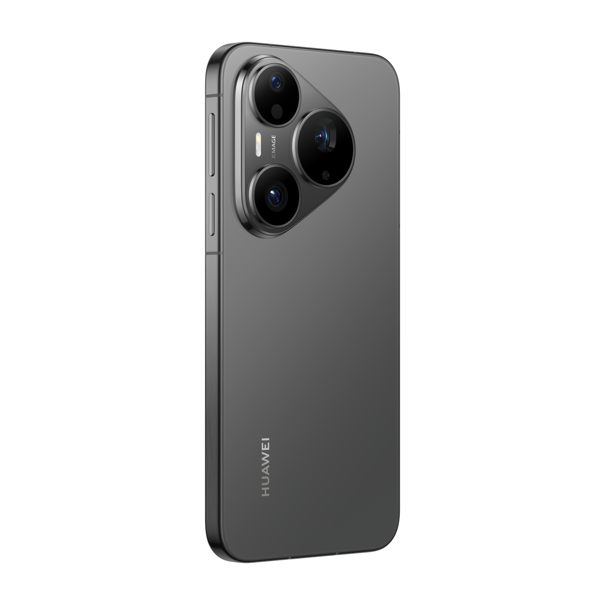 Siyah arka plan üzerinde üçgen üçlü kamera modülüne sahip koyu gri bir Huawei akıllı telefonun arkası.