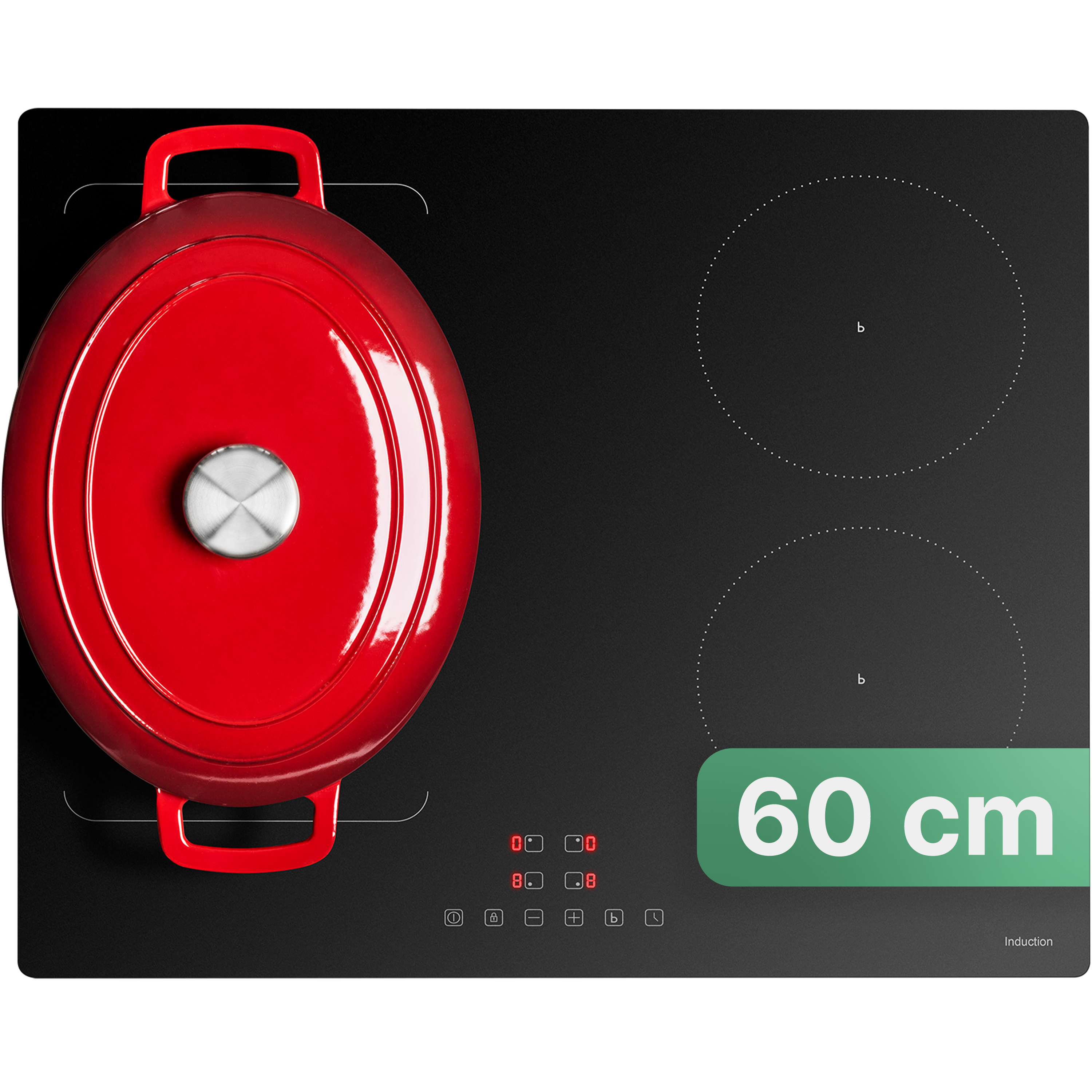 Ein roter Topf steht auf einem schwarzen Induktionskochfeld mit der Aufschrift 60 cm.