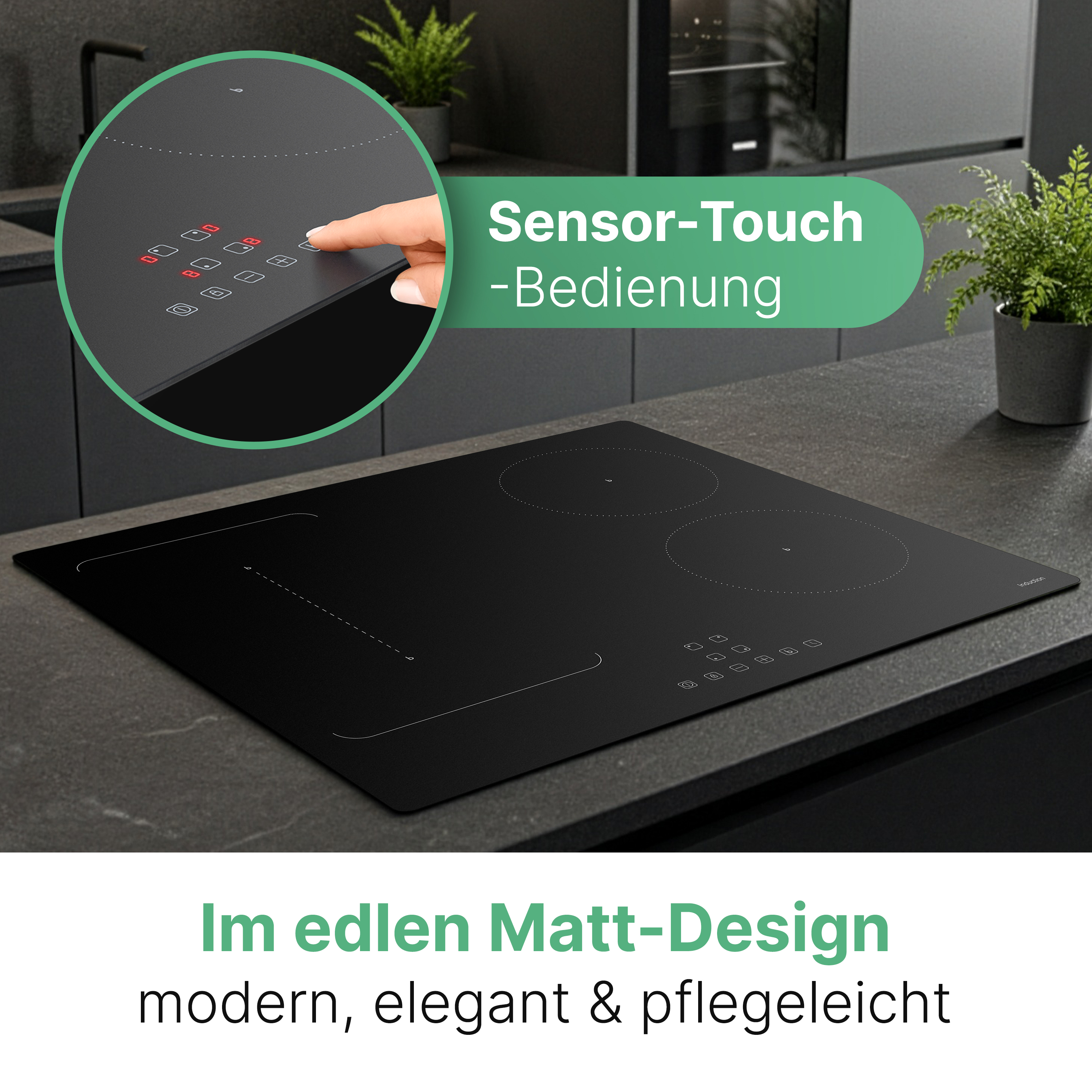 Ein schwarzes Induktionskochfeld auf dunkler Arbeitsplatte mit Sensor-Touch-Bedienung.
