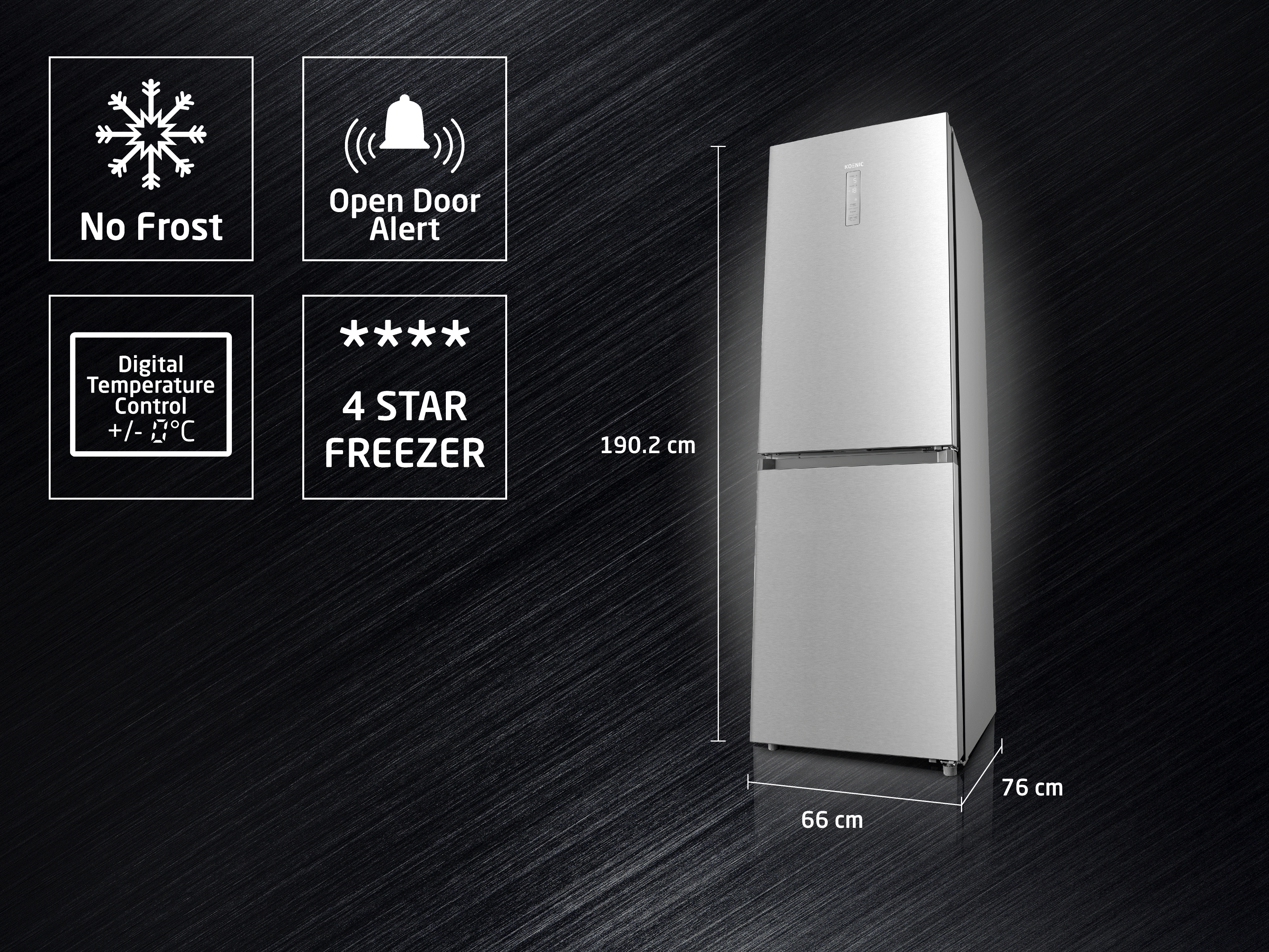 Silberner Kühlschrank mit No Frost, Open Door Alert, Digitaler Temperaturregelung und 4-Sterne-Gefrierfach auf schwarzem Hintergrund.