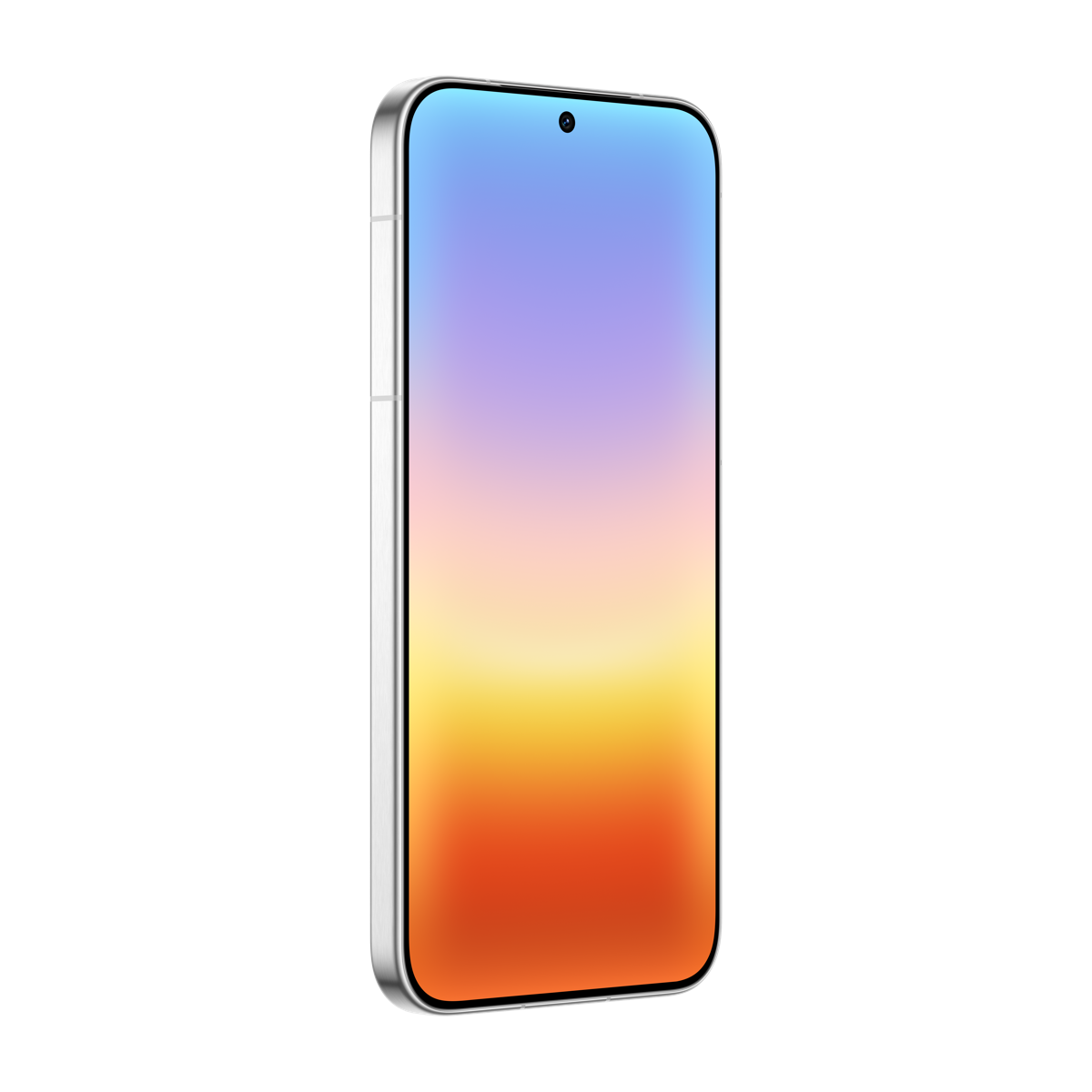 Ekranında maviden turuncuya geçiş yapan gradyan bir arka plana sahip beyaz bir akıllı telefon.