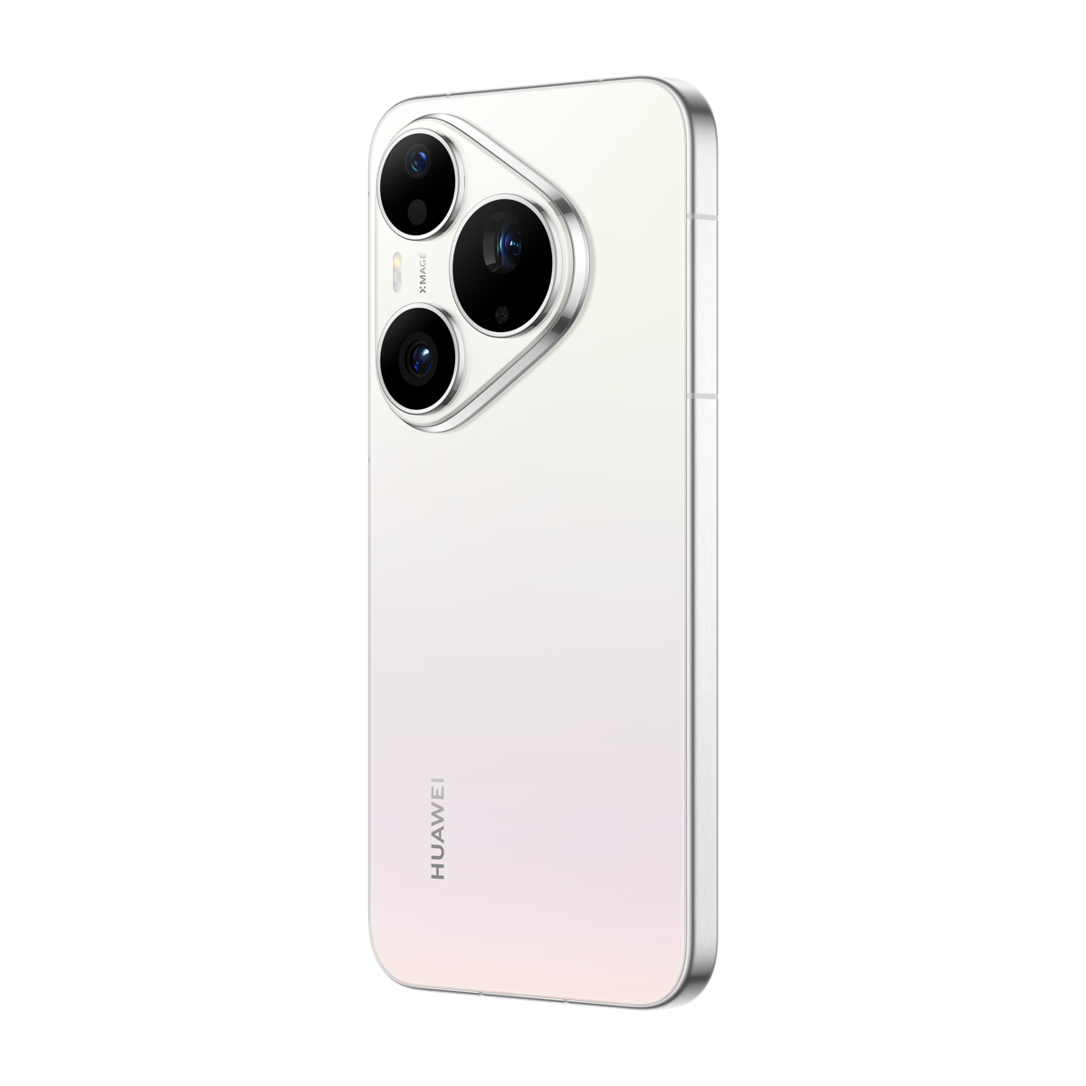 Üç lensli üçgen kamera modülüne sahip beyaz bir Huawei akıllı telefonun arkası.