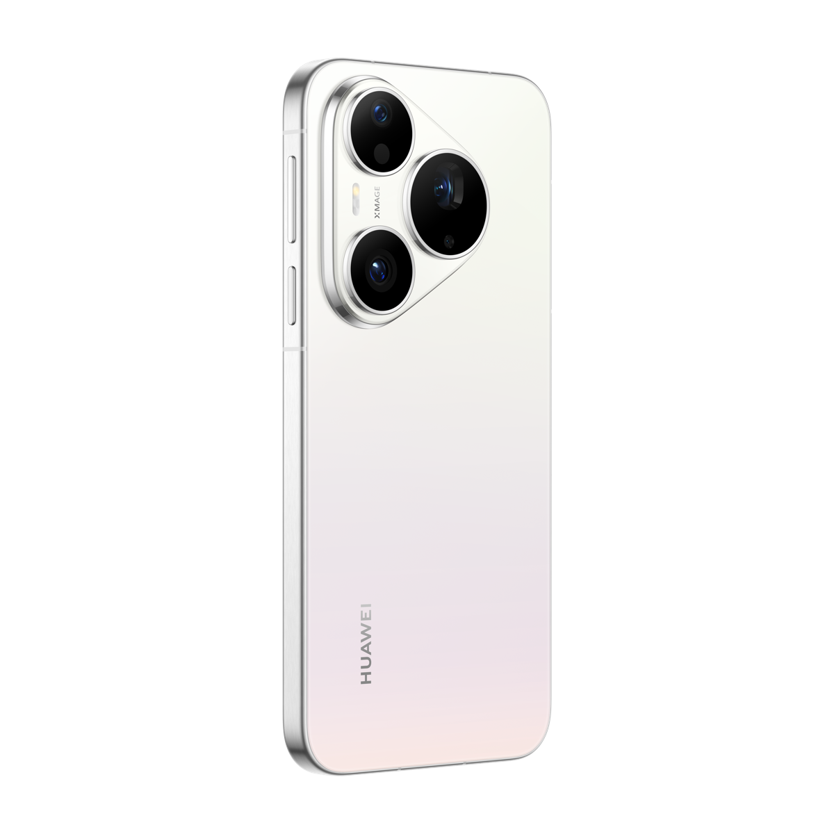 Siyah arka planda üçgen kamera modülüne sahip beyaz bir Huawei akıllı telefonun arkası.