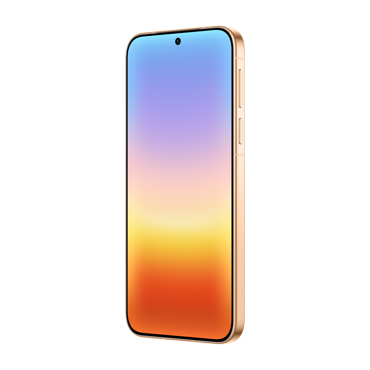 Siyah arka plan önünde ekranında geçişli duvar kağıdı olan altın renkli bir akıllı telefon.