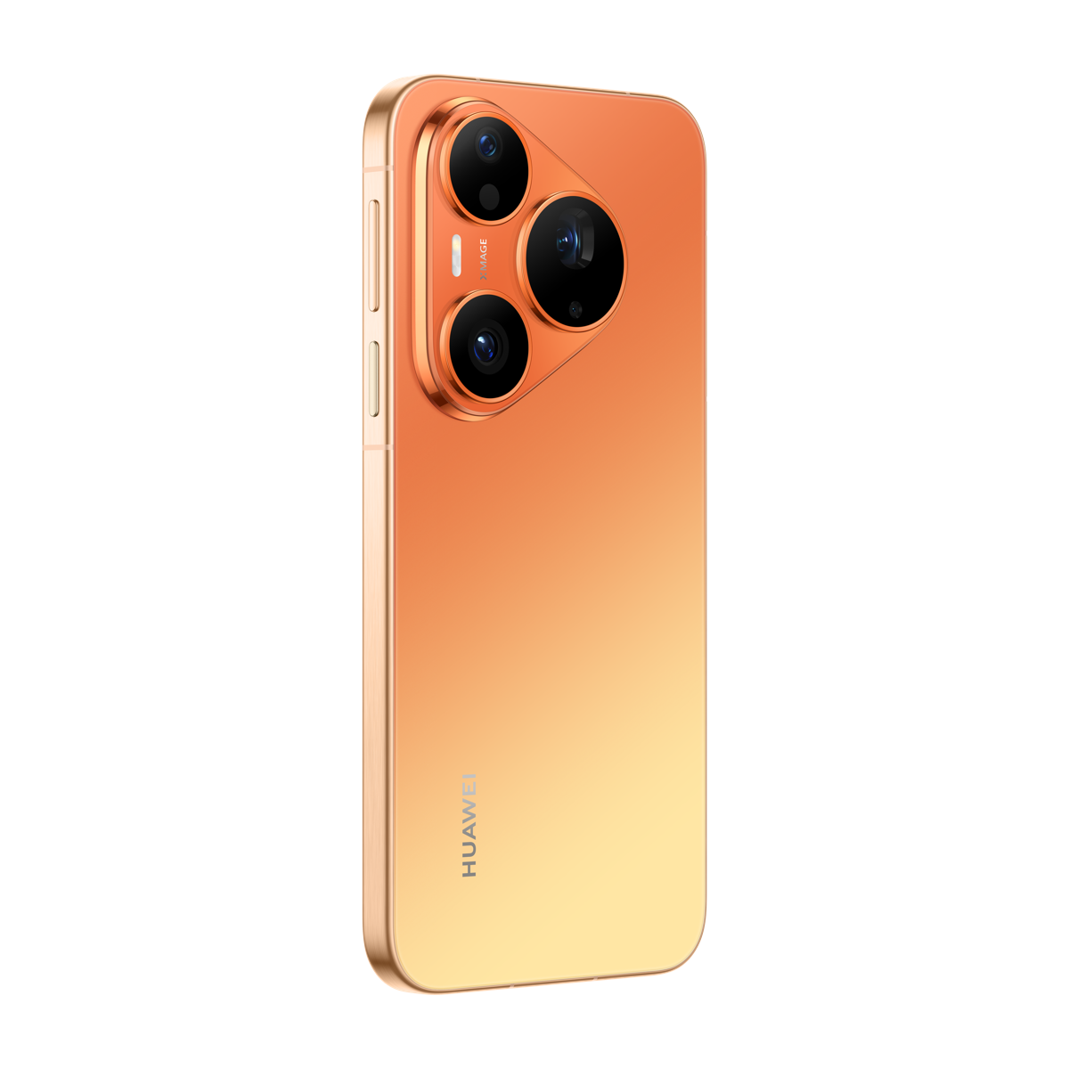 Siyah arka plan üzerinde, üçgen şeklinde üçlü kamera modülüne sahip, turuncu geçişli arka yüzü görünen bir Huawei telefon.