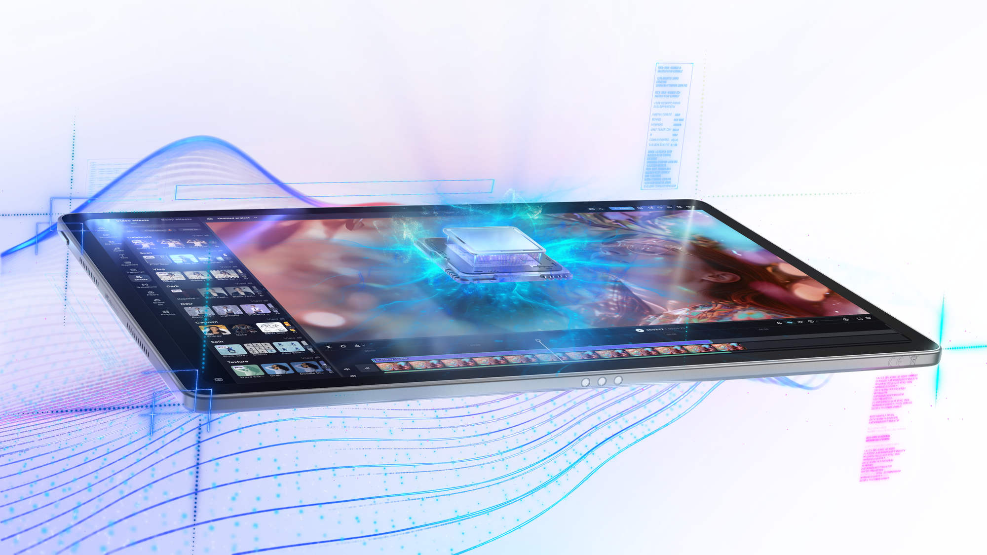 Ein Tablet zeigt Videobearbeitung und einen leuchtenden Prozessor mit holografischen Datenlinien vor schwarzem Hintergrund.
