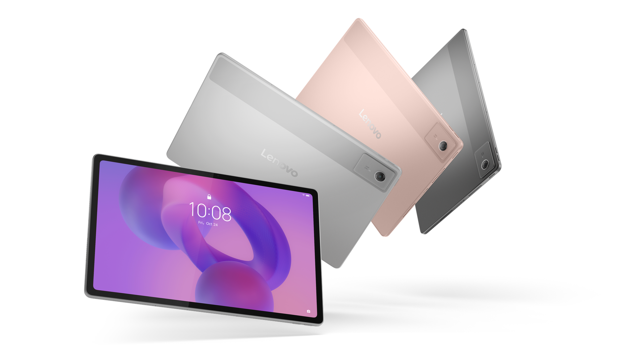 Vier Lenovo Tablets in Silber, Rosa und Grau schweben vor schwarzem Hintergrund, eines zeigt den Startbildschirm.