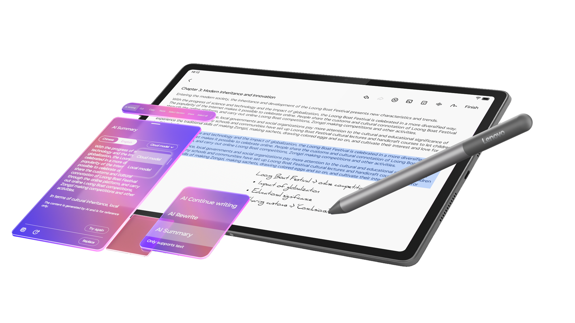 Ein Lenovo-Tablet zeigt Text auf dem Bildschirm, mit einem Stift und KI-Funktionsfenstern.