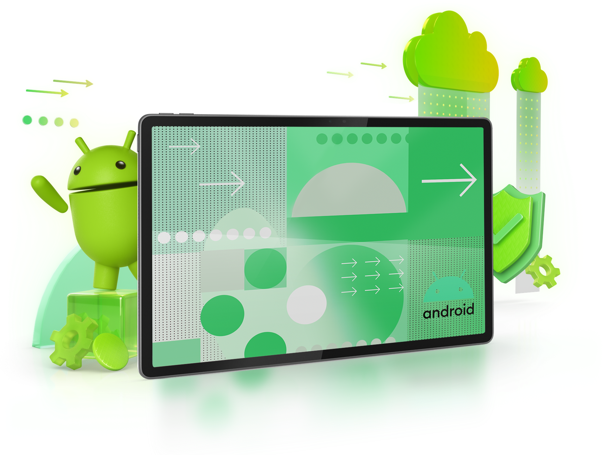 Ein Android-Tablet auf schwarzem Hintergrund, umgeben von grünen Symbolen wie Android-Maskottchen und Wolken.