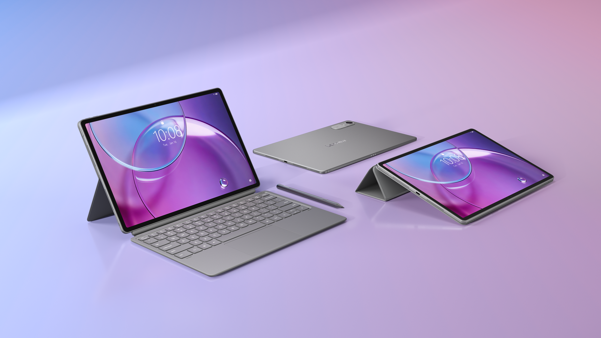 Zwei graue Lenovo Tablets mit Stift und Tastatur auf einem blau-lila Farbverlaufshintergrund.