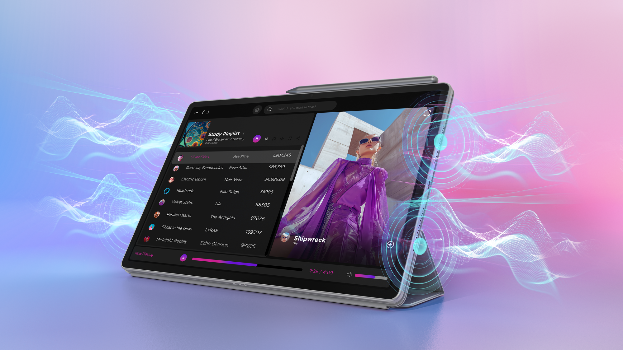 Ein Tablet auf blau-rosa Hintergrund zeigt eine Musik-App mit Wellenanimationen.