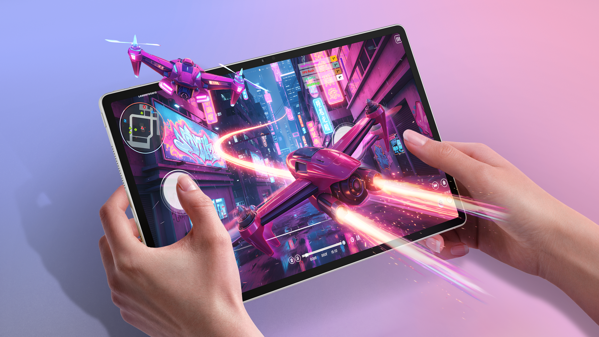 Ein Tablet zeigt ein farbenfrohes Drohnenspiel, während Hände es halten und die Steuerung bedienen.