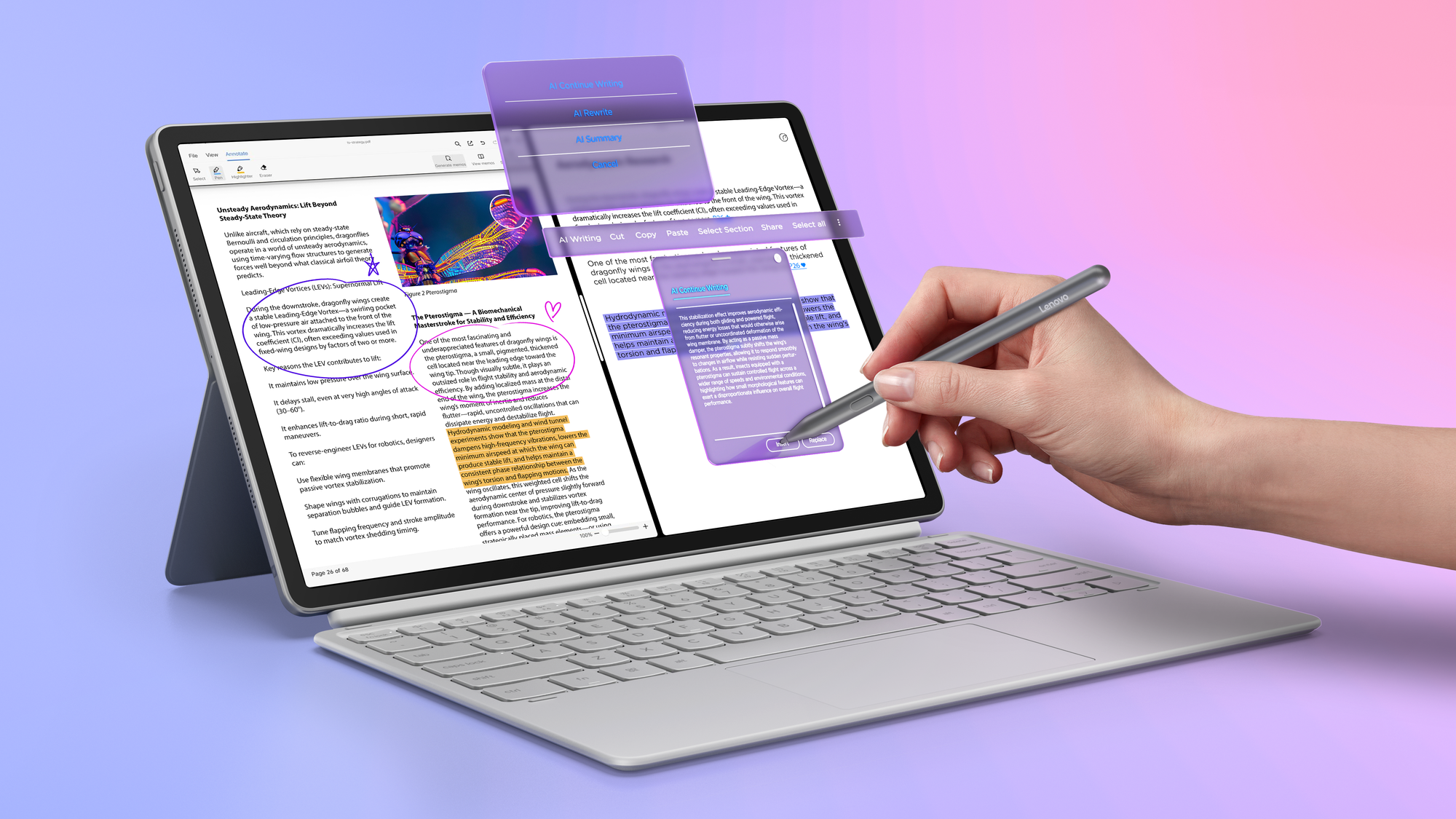 Ein Tablet mit Tastatur zeigt ein Dokument mit KI-Menüs, während eine Hand einen Stift hält.