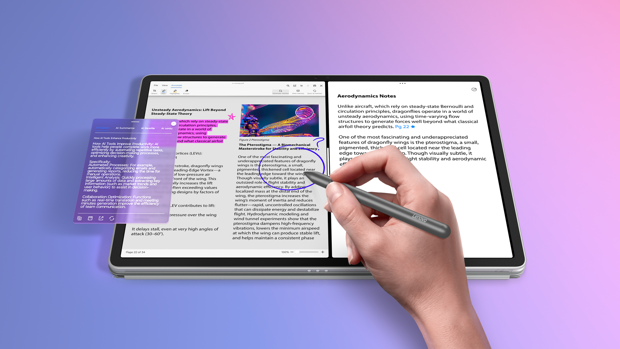 Eine Hand hält einen Stift und schreibt auf einem Lenovo-Tablet mit geöffneten Notizen und Dokumenten.