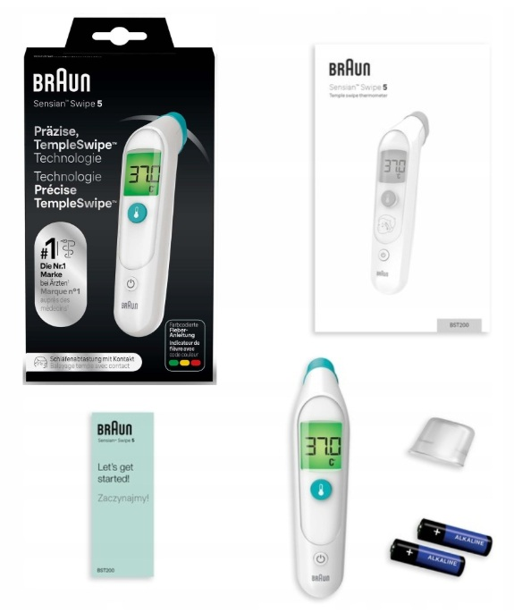 Termometr Braun Sensian Swipe 5 z opakowaniem, instrukcją, nasadką ochronną i dwoma bateriami alkalicznymi.