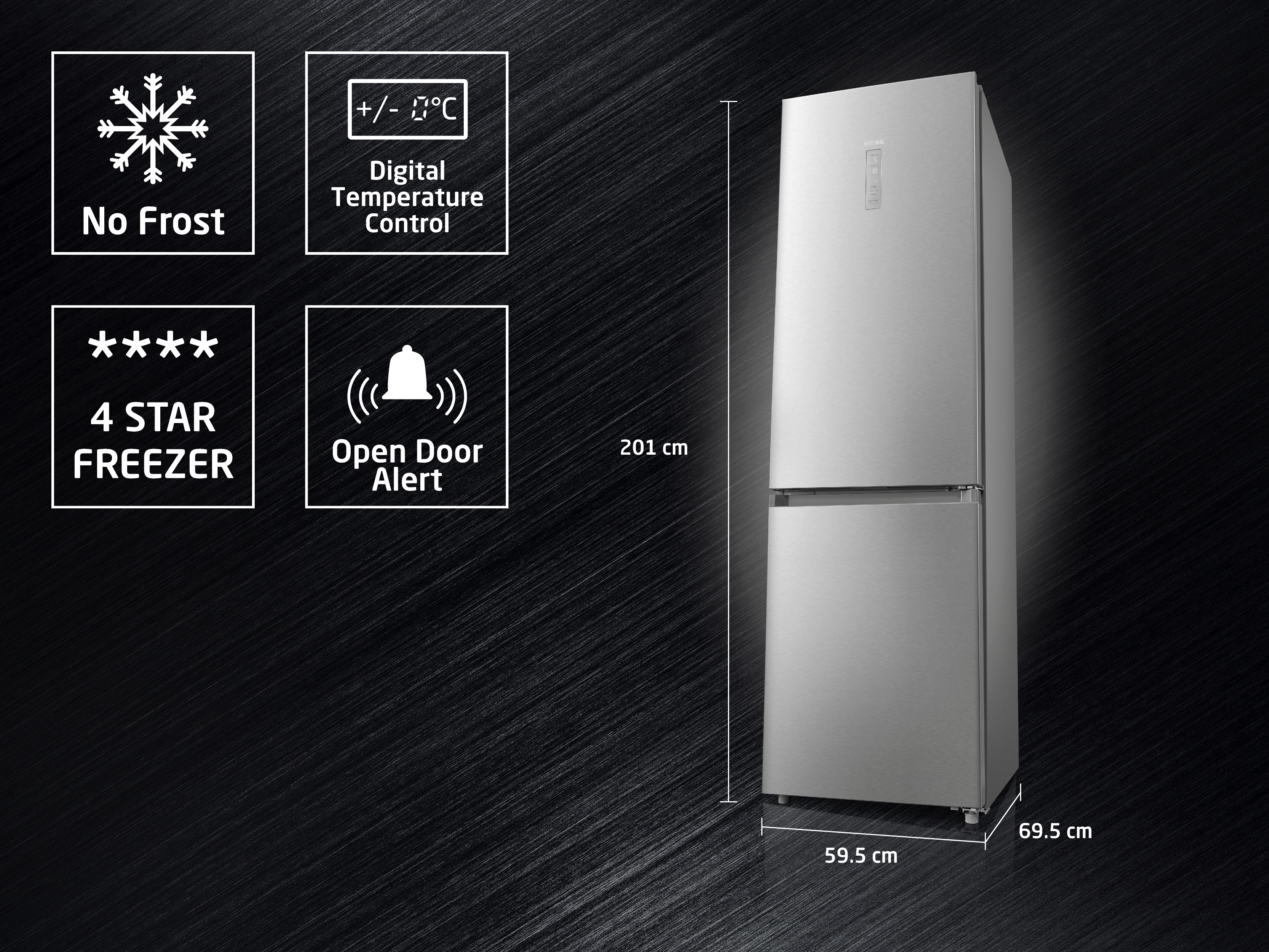 Silberner Standkühlschrank mit No-Frost, Digitaler Temperaturregelung, 4-Sterne-Gefrierfach und Tür-offen-Alarm.
