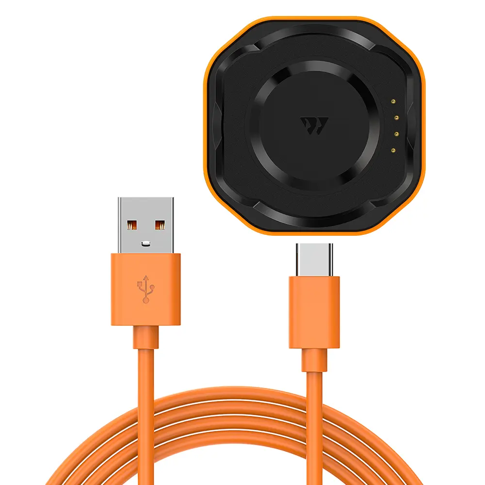 Fekete-narancssárga mágneses töltőaljzat USB-kábellel és C-típusú csatlakozóval.