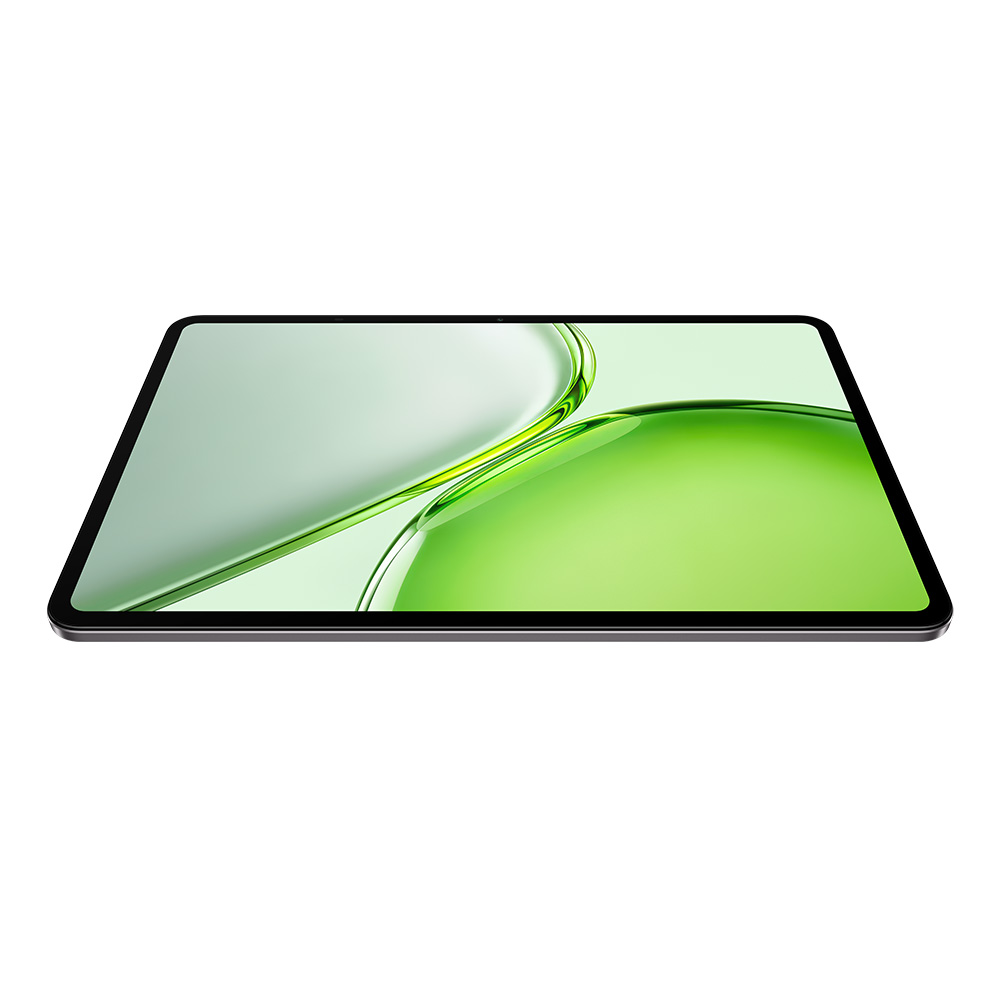 Beyaz arka plan üzerinde canlı yeşil ve açık gri soyut duvar kağıdı gösteren düz bir tablet.