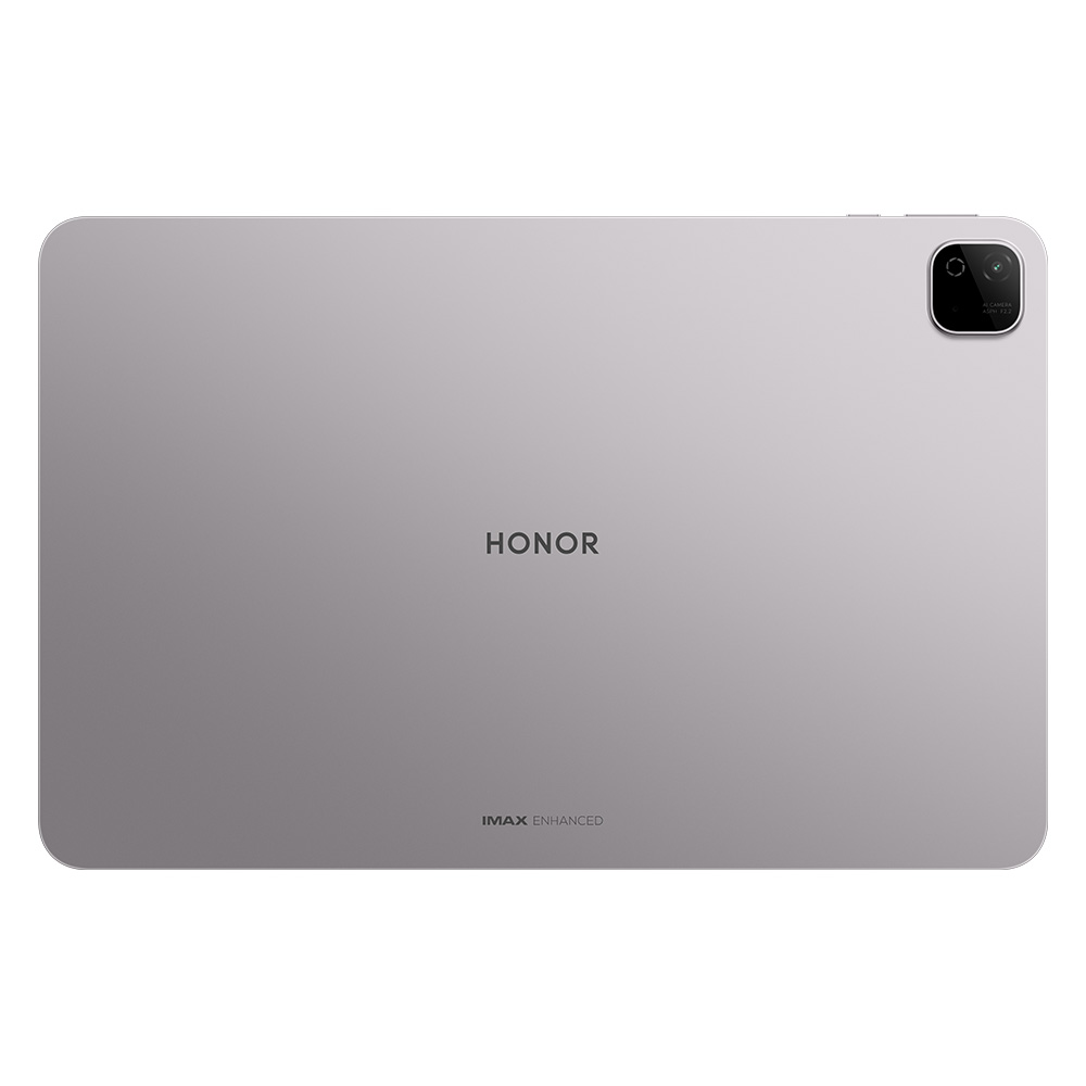 Sağ üst köşede kamera ve ortada marka logosu bulunan gümüş rengi bir Honor tabletin arkası.
