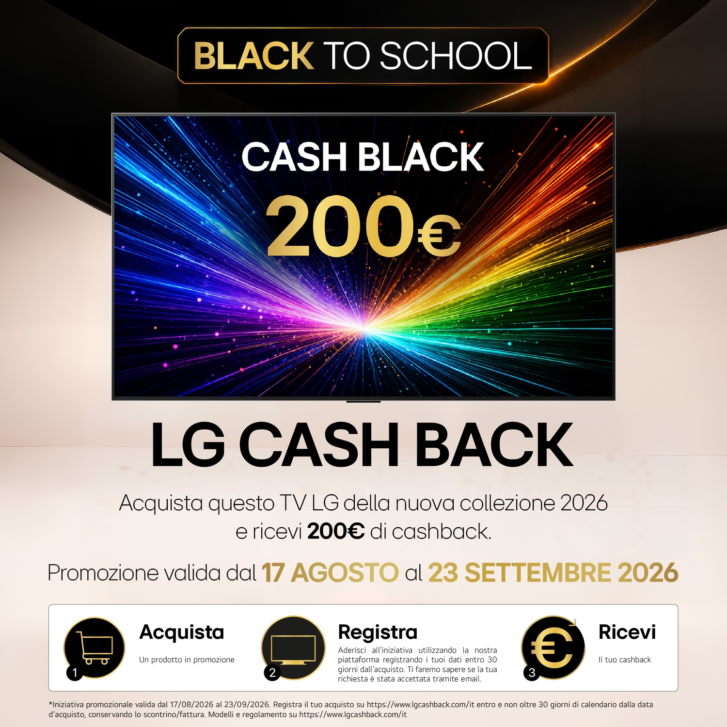 Banner promozionale LG Cash Back con TV e offerta di 200 euro di rimborso.