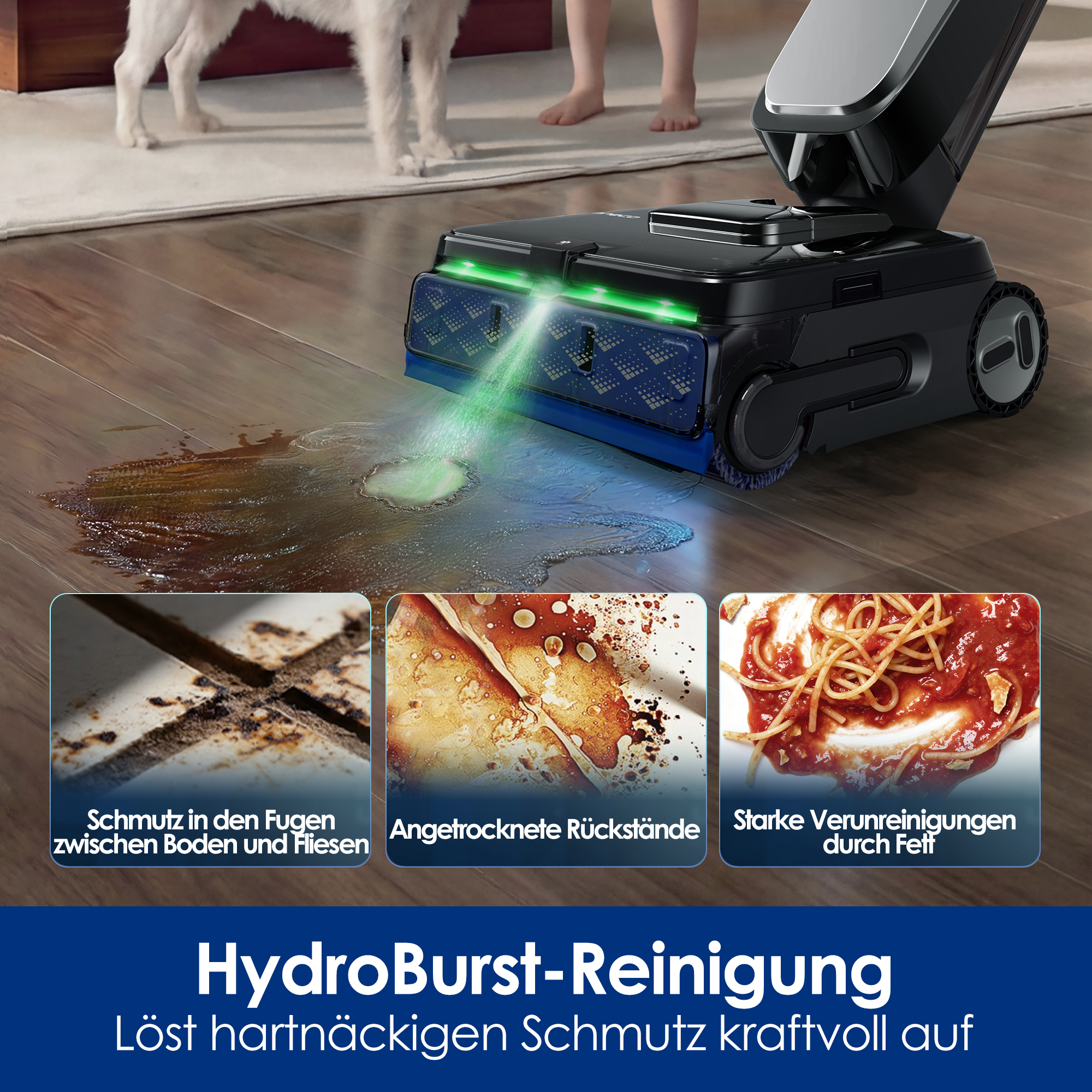 Ein Bodenreiniger sprüht Wasser auf einen schmutzigen Holzboden, mit drei Insets, die Schmutzarten zeigen.