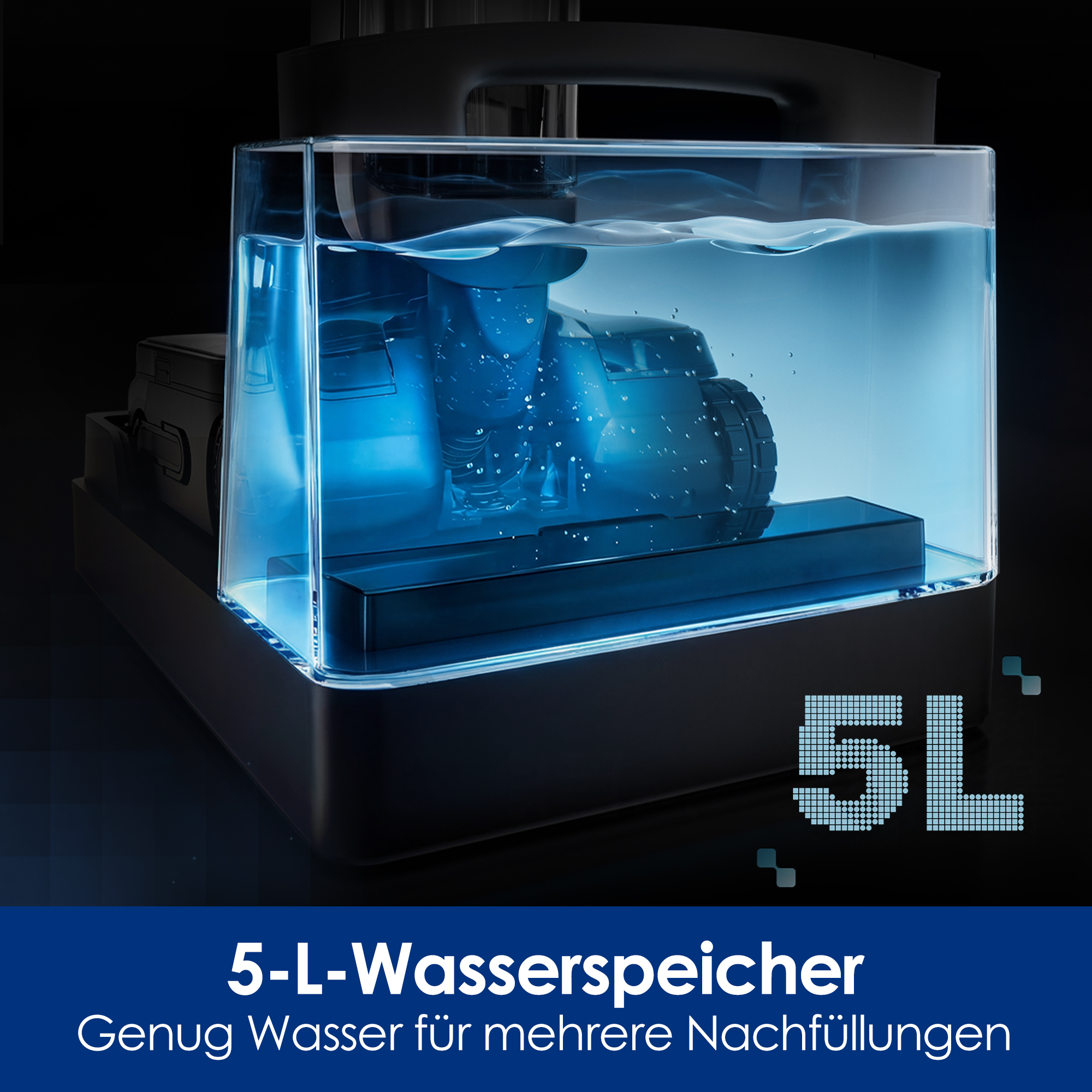Ein großer, transparenter 5-Liter-Wassertank auf einer schwarzen Basis mit blauer Beleuchtung.