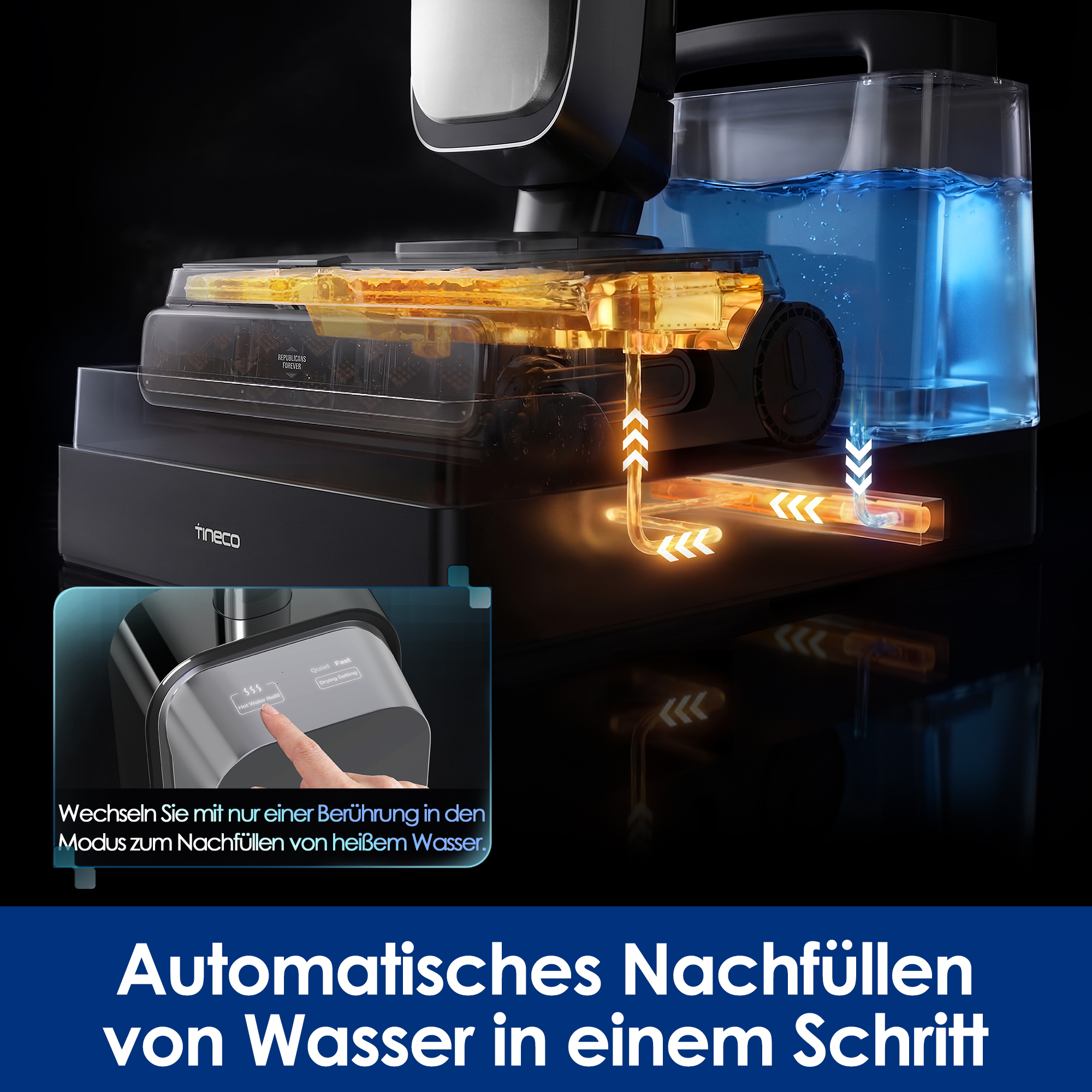 Tineco-Bodenreinigungsgerät mit automatischer Heißwassernachfüllung, Wassertank und Bedienfeld-Detail.