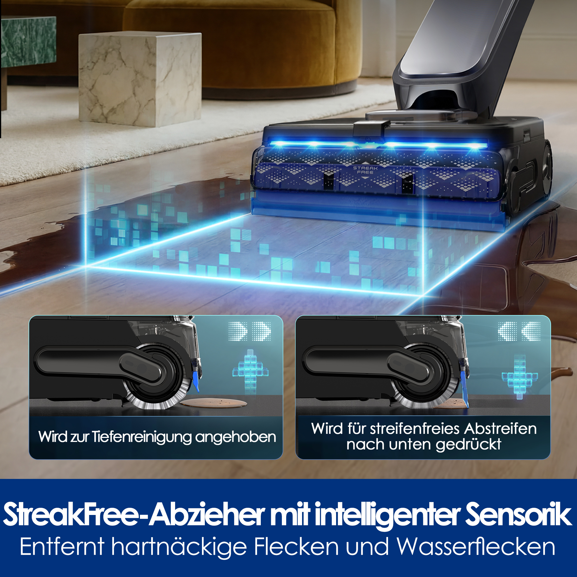 Ein intelligenter Wischsauger reinigt einen Holzboden, mit zwei Insets, die den Abzieher zeigen.
