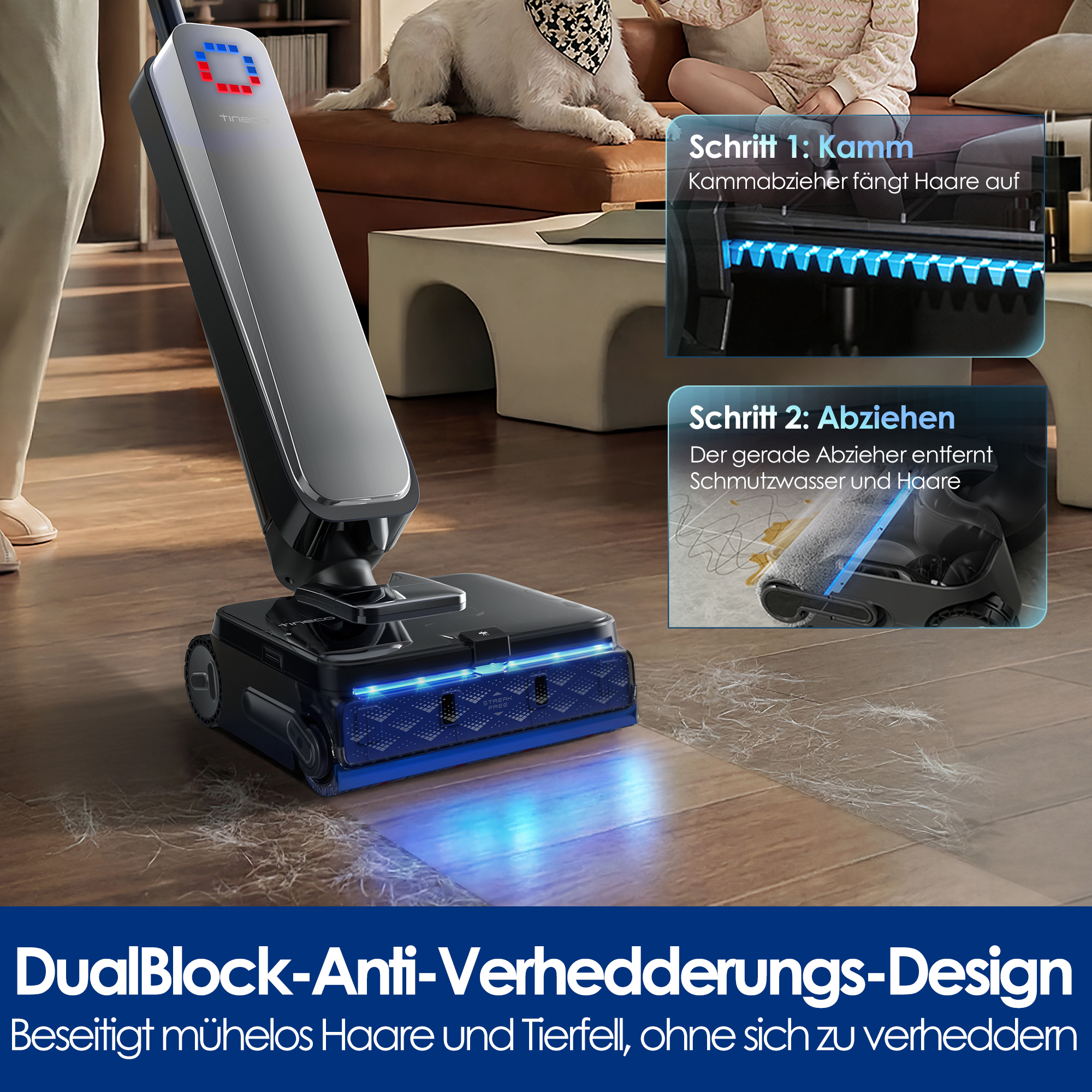 Ein kabelloser Staubsauger reinigt Haare auf dem Boden. Zwei Insets erklären die Anti-Verhedderungs-Technologie.
