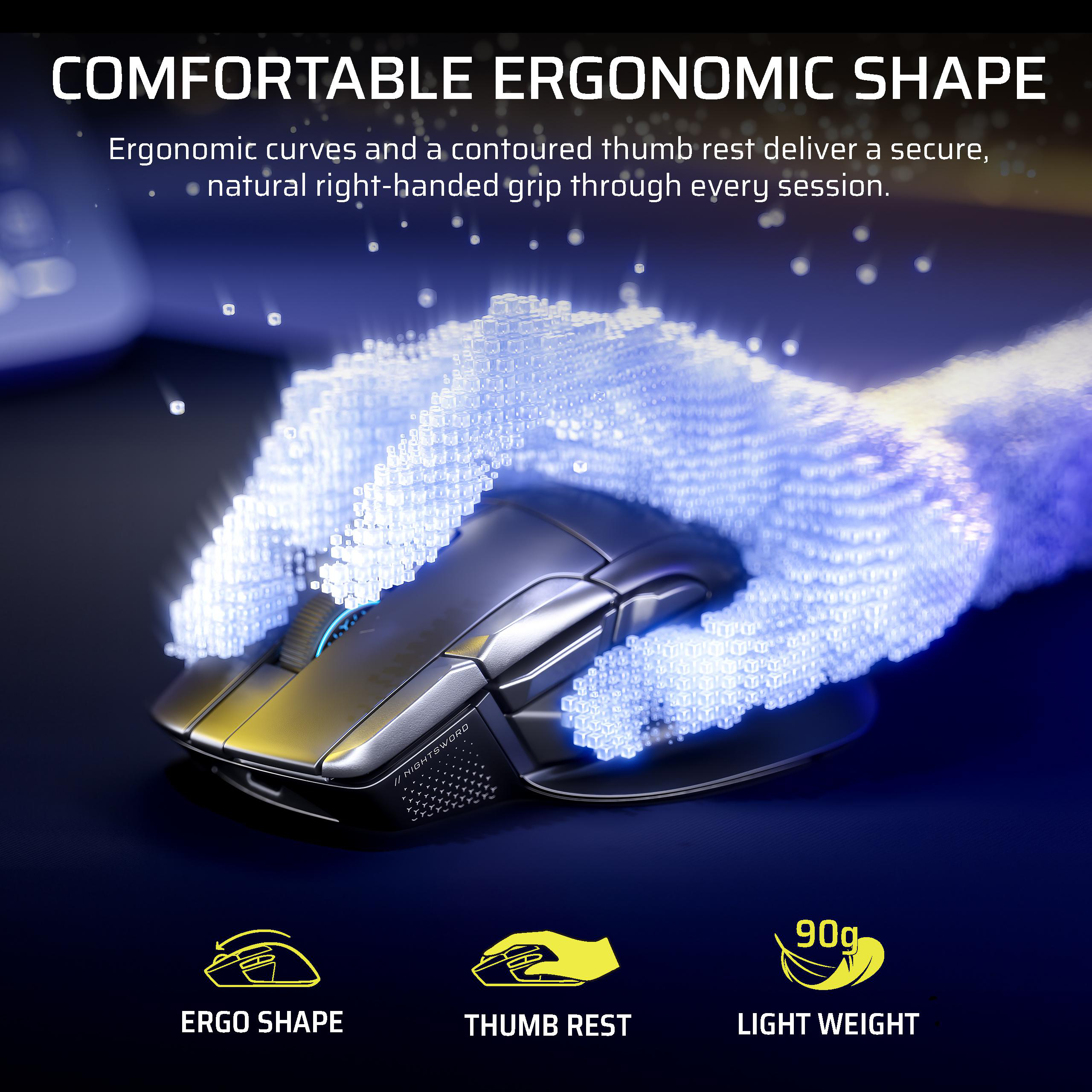 Ergonomische Gaming-Maus mit Daumenauflage und digitaler Handgrafik.