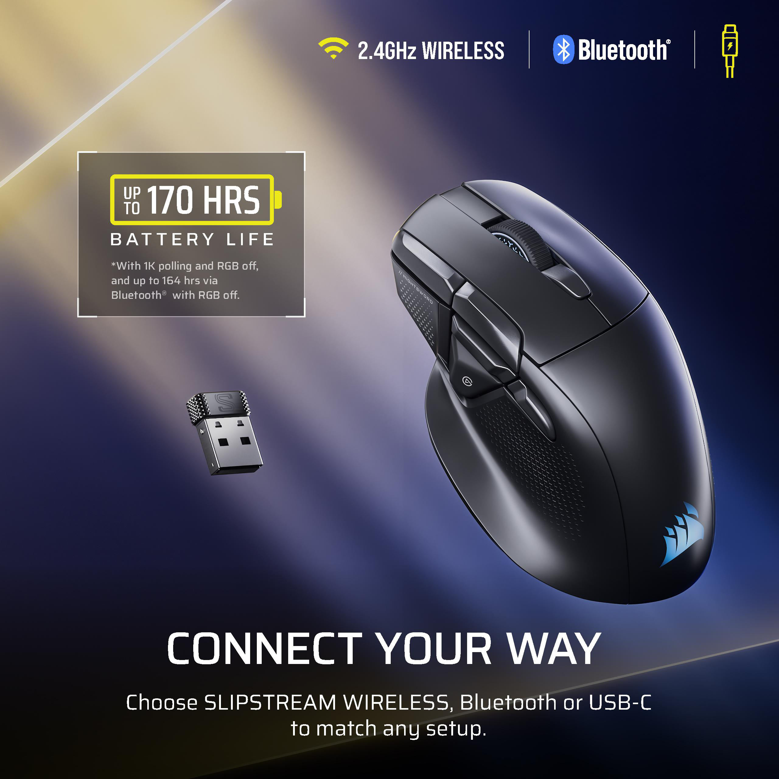 Eine schwarze kabellose Gaming-Maus und USB-Empfänger mit Text über Akkulaufzeit und Verbindungsoptionen.