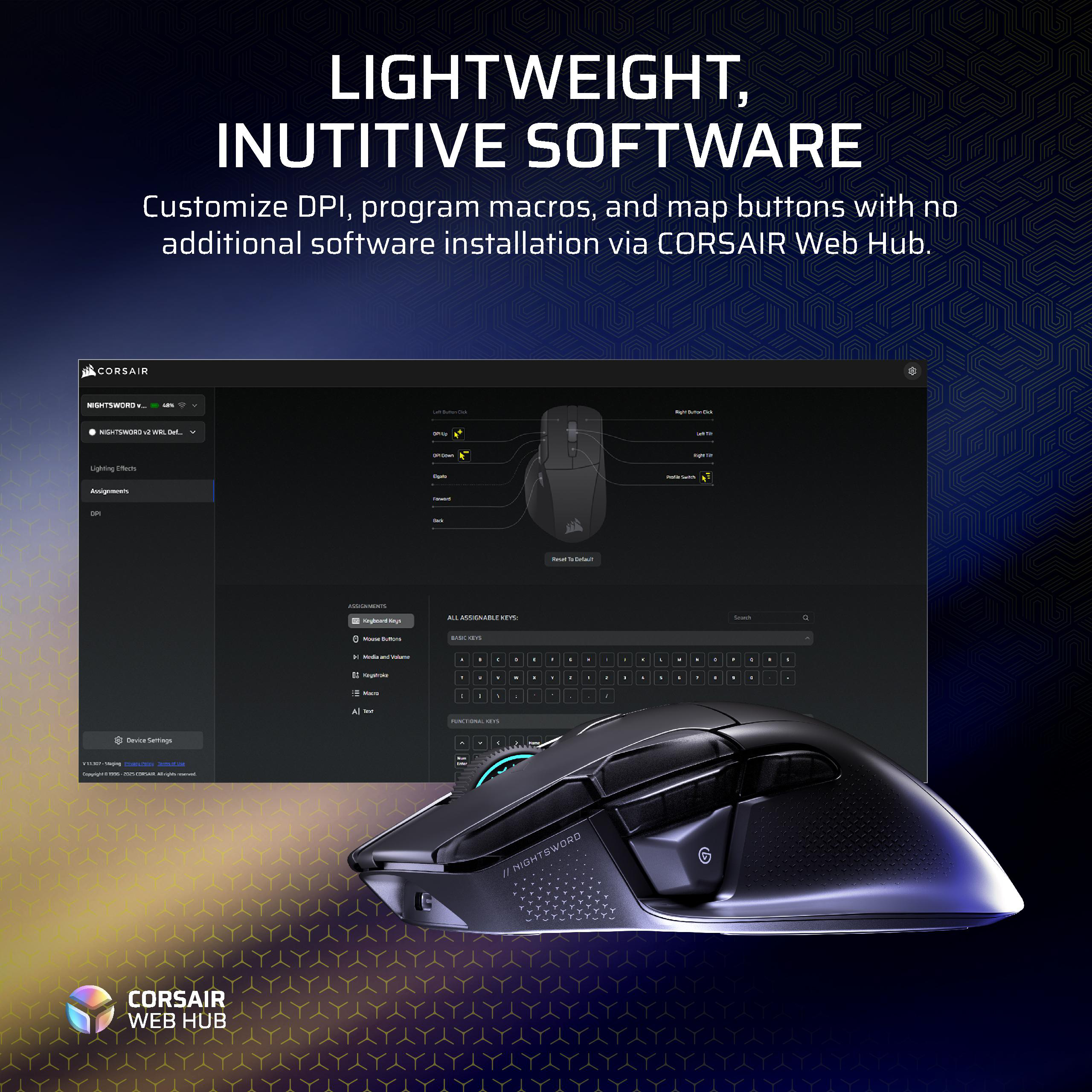 Softwareoberfläche von Corsair Web Hub mit einer Maus und Einstellungen für DPI und Makros.