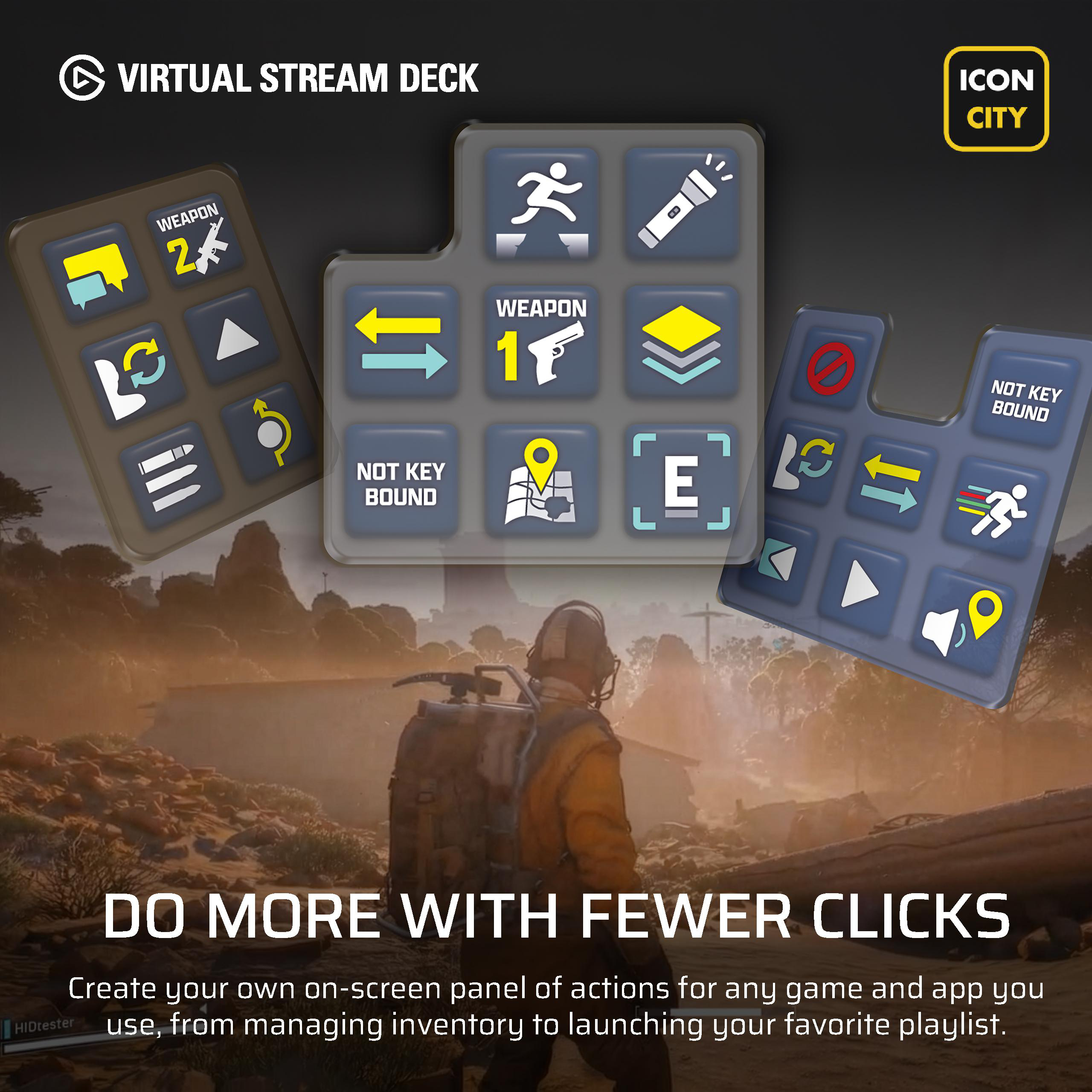 Virtuelle Stream Deck-Bedienfelder mit Aktionssymbolen schweben über einer Spielszene mit einer gelben Jacke.