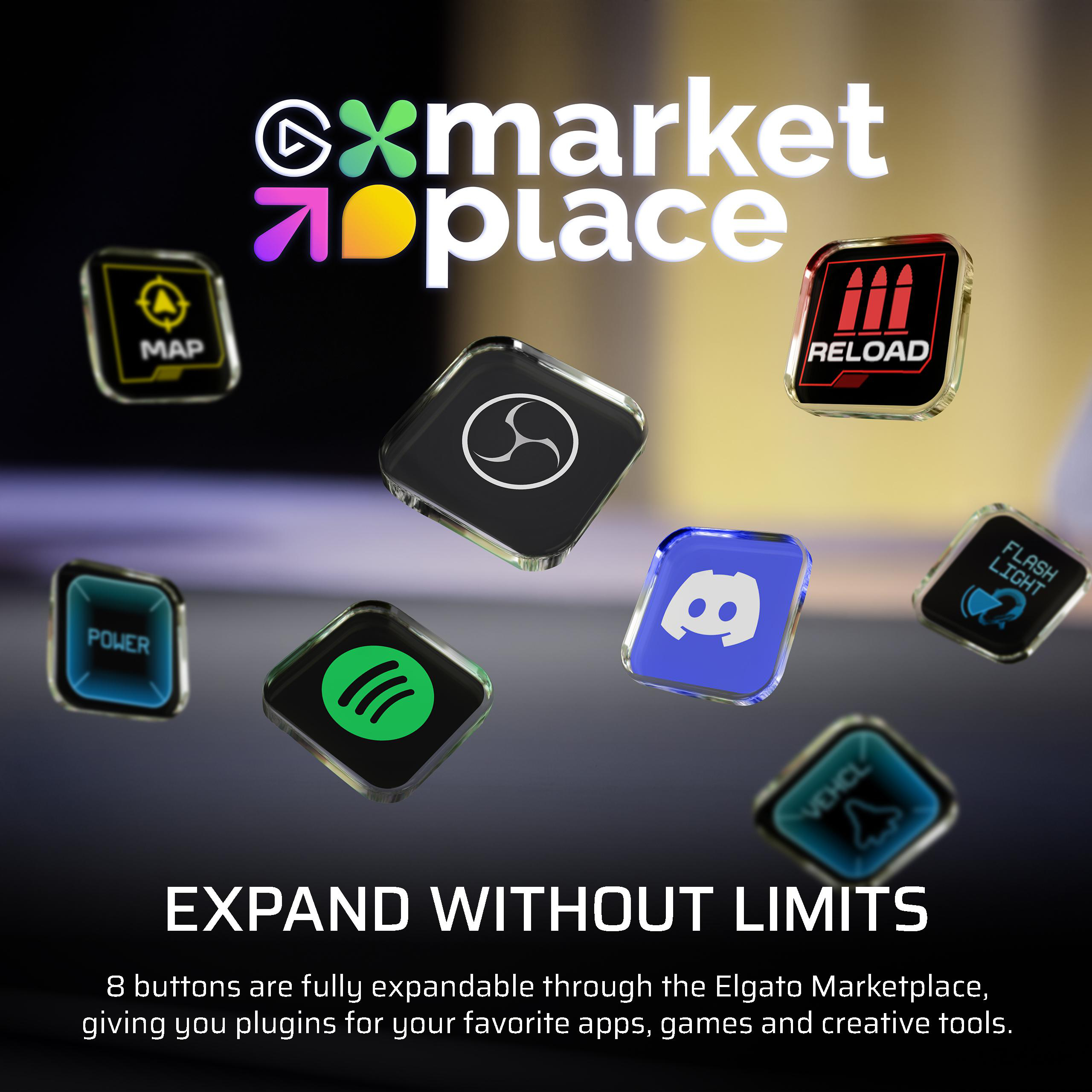 Acht glänzende App-Tasten schweben vor einem dunklen Hintergrund unter dem Schriftzug Elgato Marketplace.