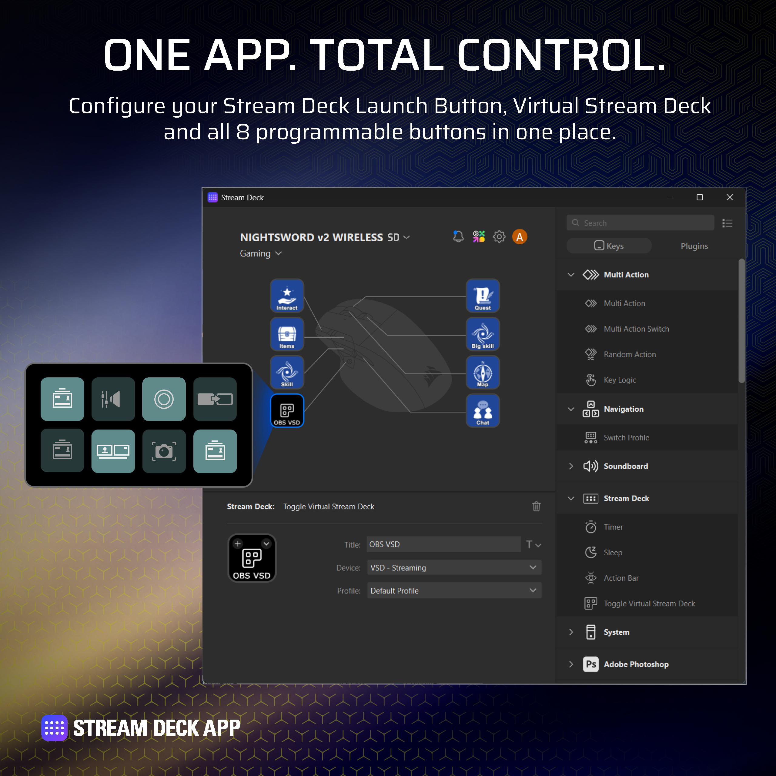 Screenshot der Stream Deck App, die das Konfigurieren von Maustasten und Makros zeigt.