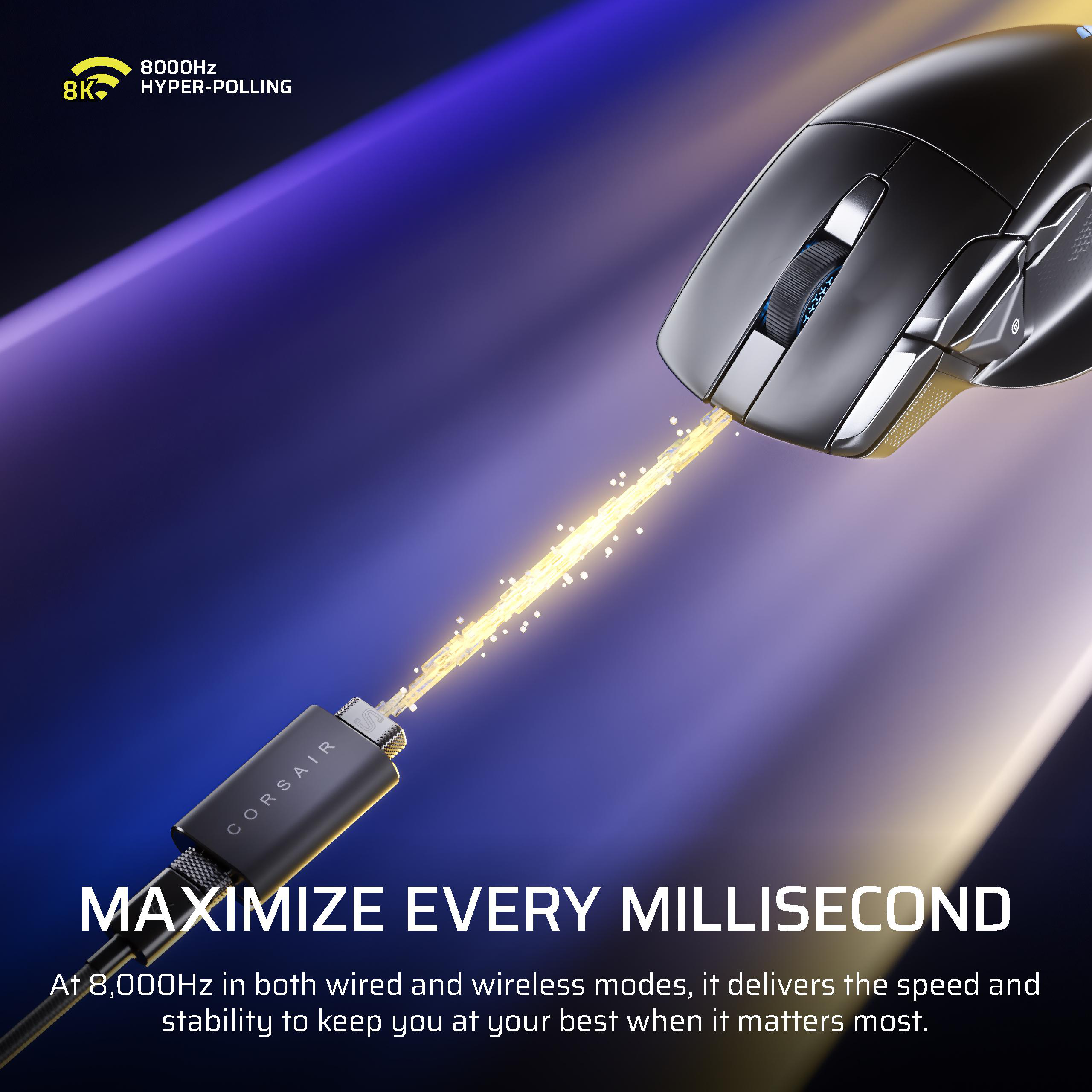 Schwarze Corsair-Gaming-Maus mit einem hellen Lichtstrahl und dem Text "Maximize every millisecond".