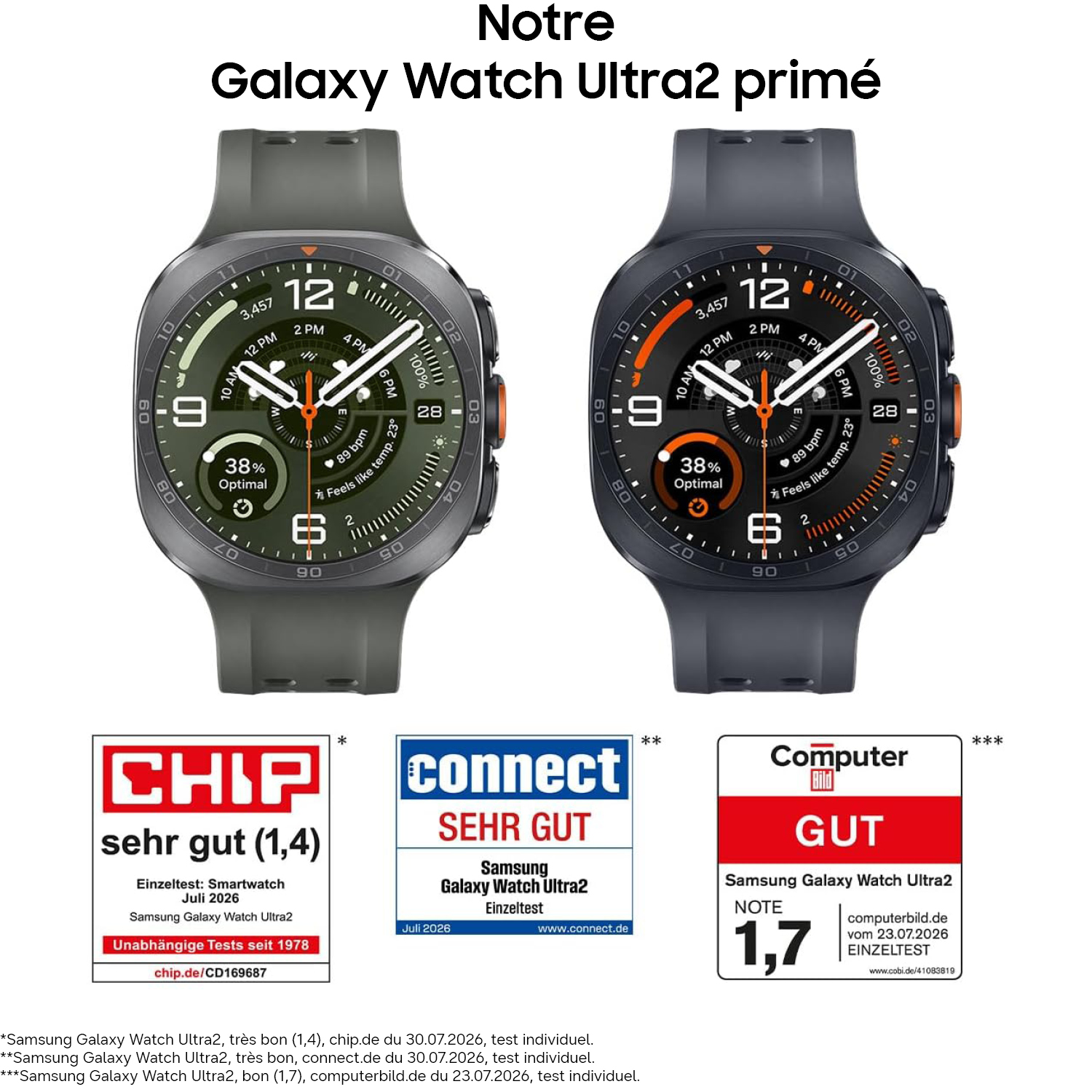 Deux montres connectées Galaxy Watch Ultra2 avec avis de test.