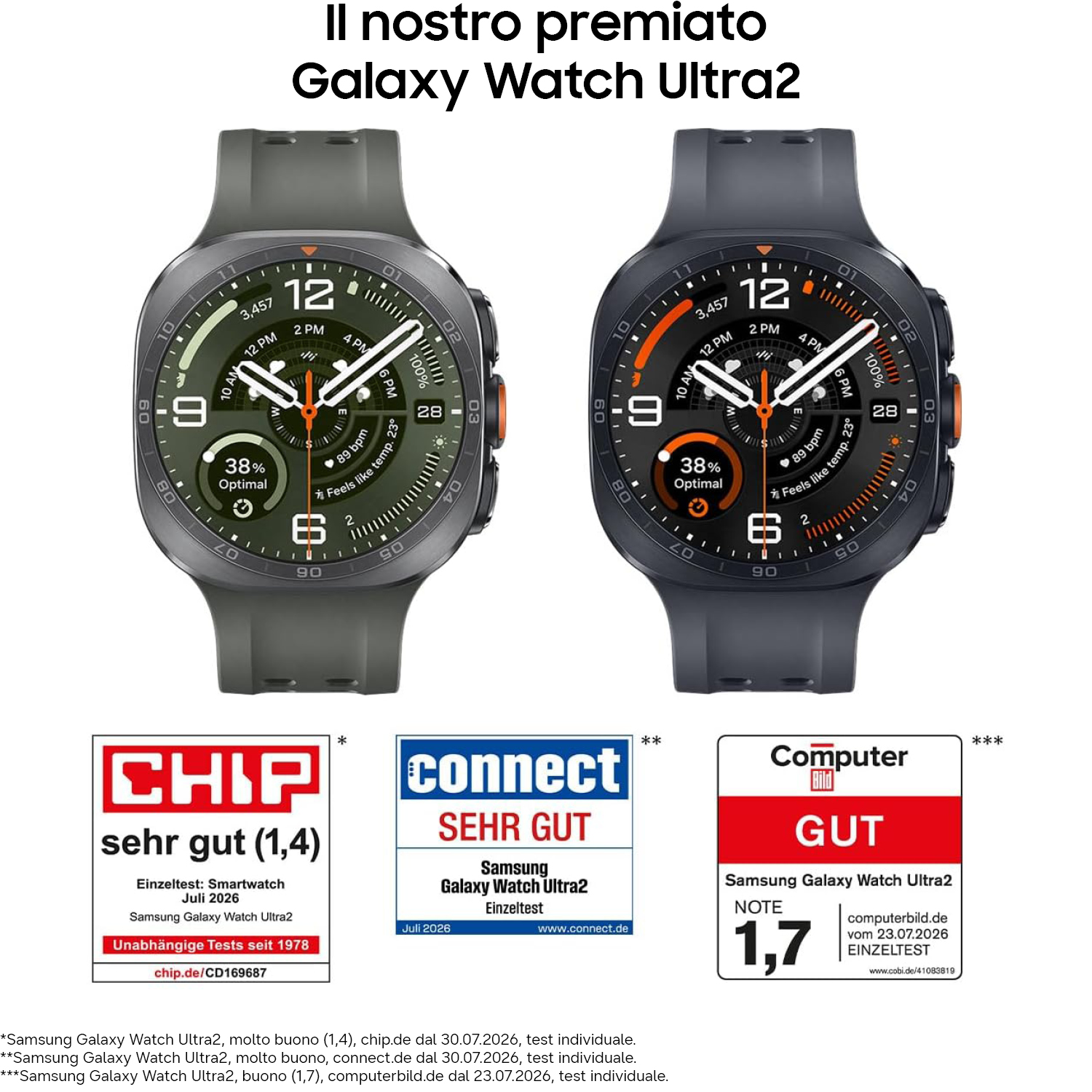 Due smartwatch Galaxy Watch Ultra2 con premi sottostanti.
