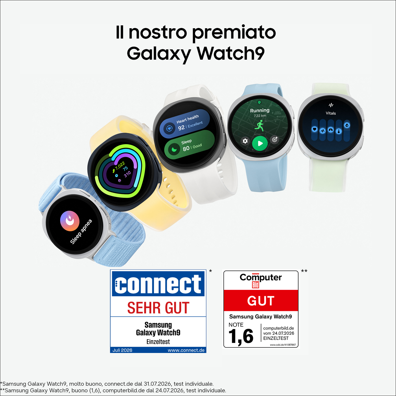 Cinque smartwatch Galaxy Watch 9 in vari colori che mostrano app per la salute e il fitness.