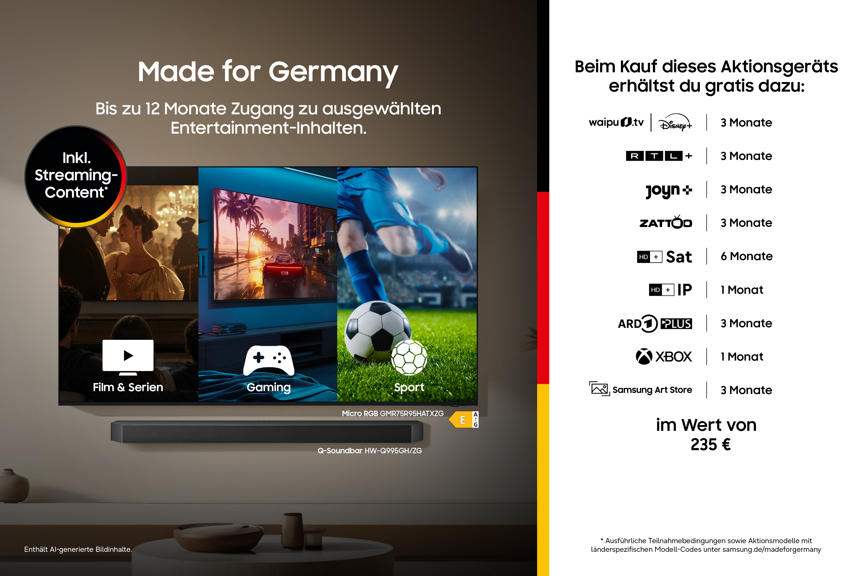 Werbung für Samsung TV und Soundbar mit kostenlosen Streaming-Diensten im Wert von 235 Euro.