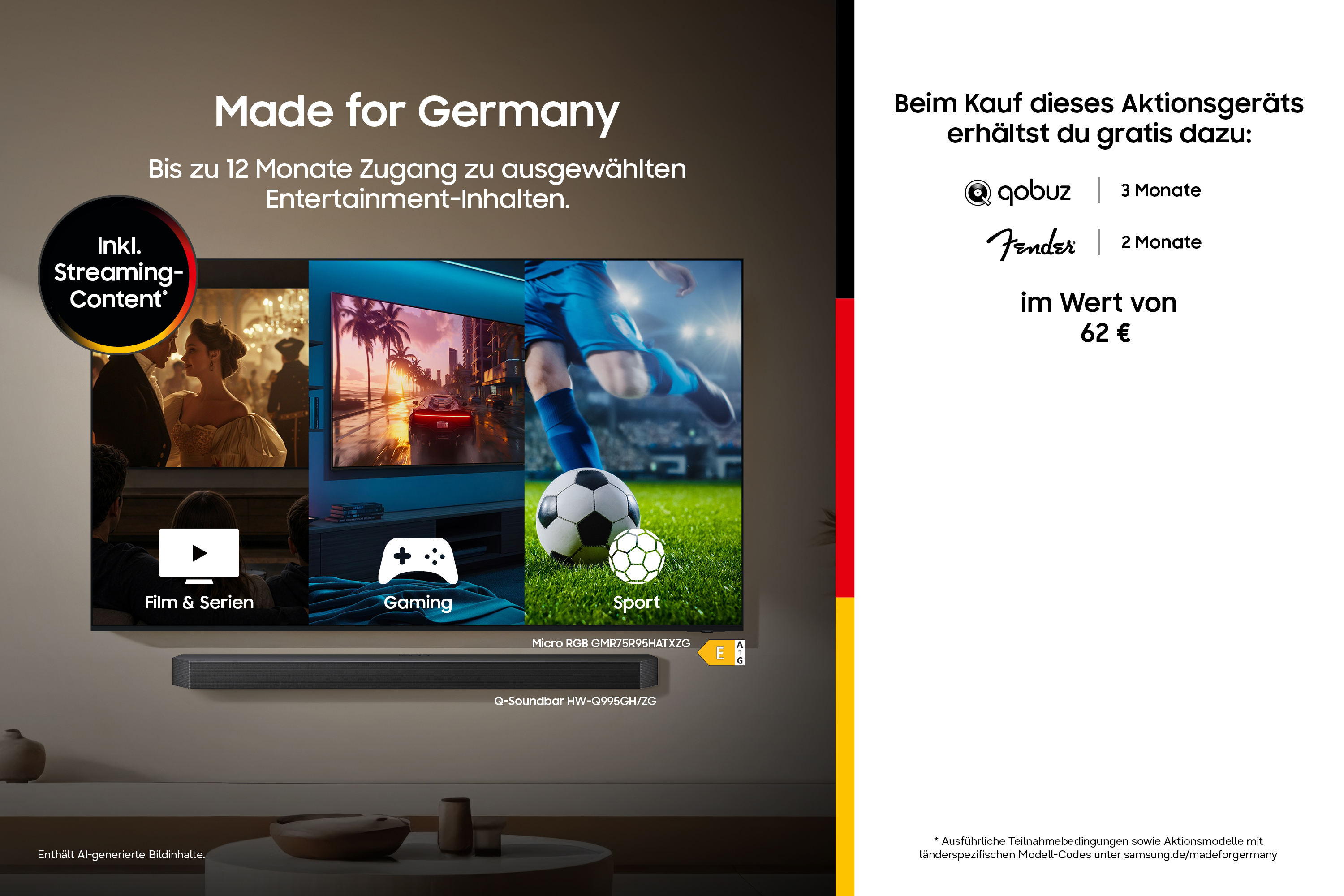 Werbung für Samsung Fernseher mit gratis Qobuz und Fender Abo, Made for Germany.