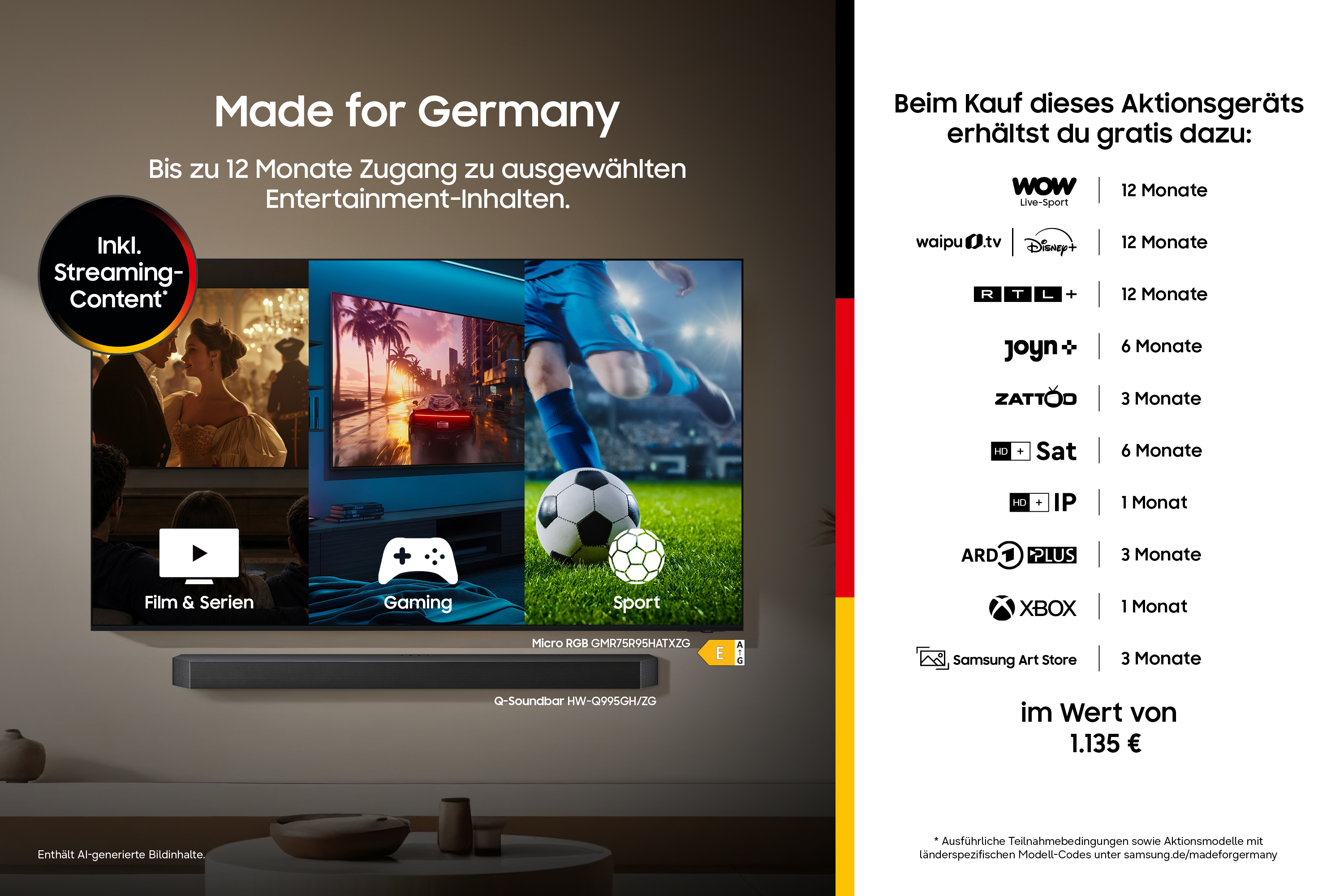 Eine Werbung für eine TV-Aktion in Deutschland mit kostenlosen Streaming-Abos im Wert von 1.135 Euro.