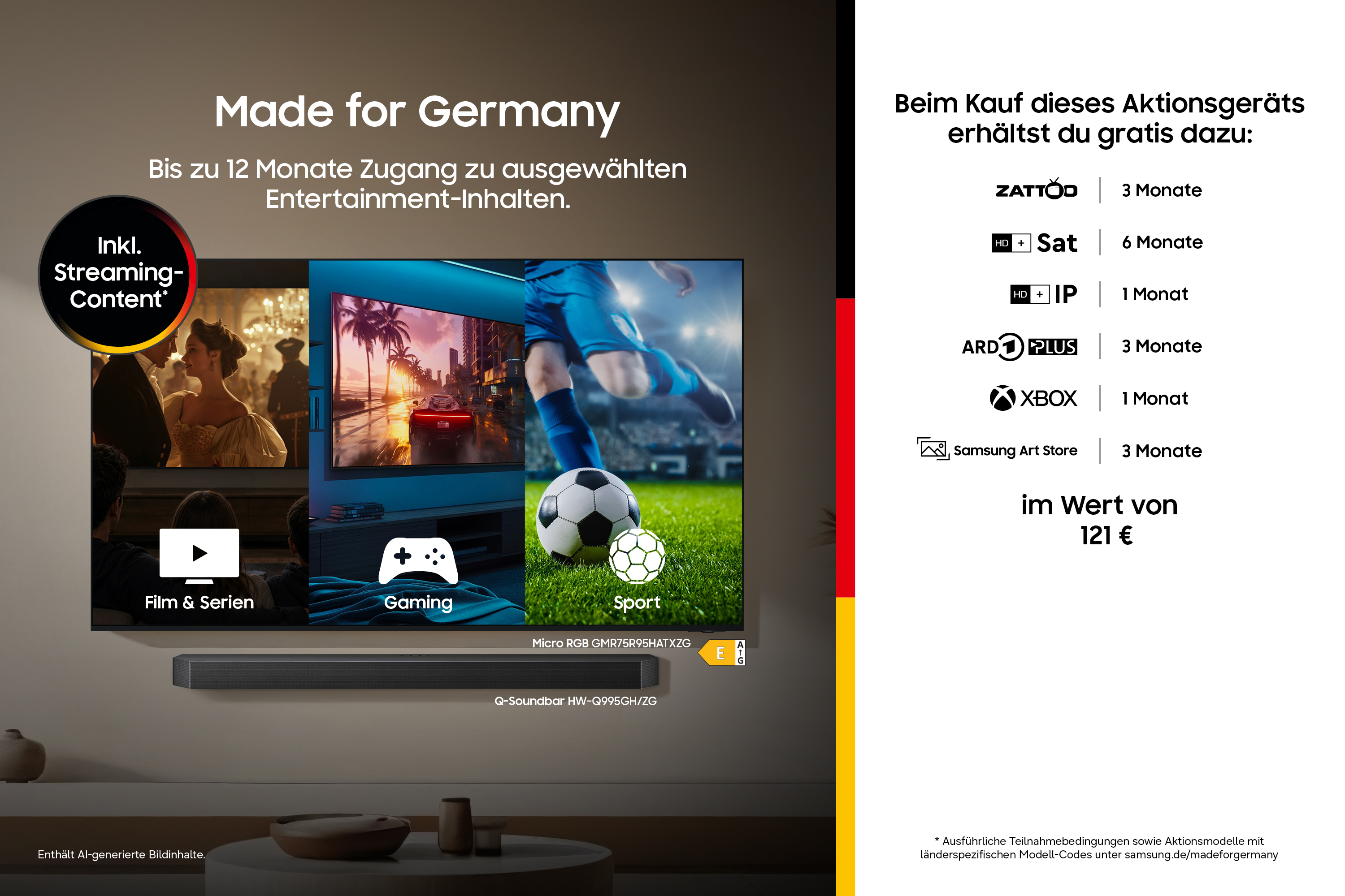 Werbung für Samsung Fernseher mit Gratis-Entertainmentangeboten wie Zattoo und Xbox im Wert von 121 Euro.