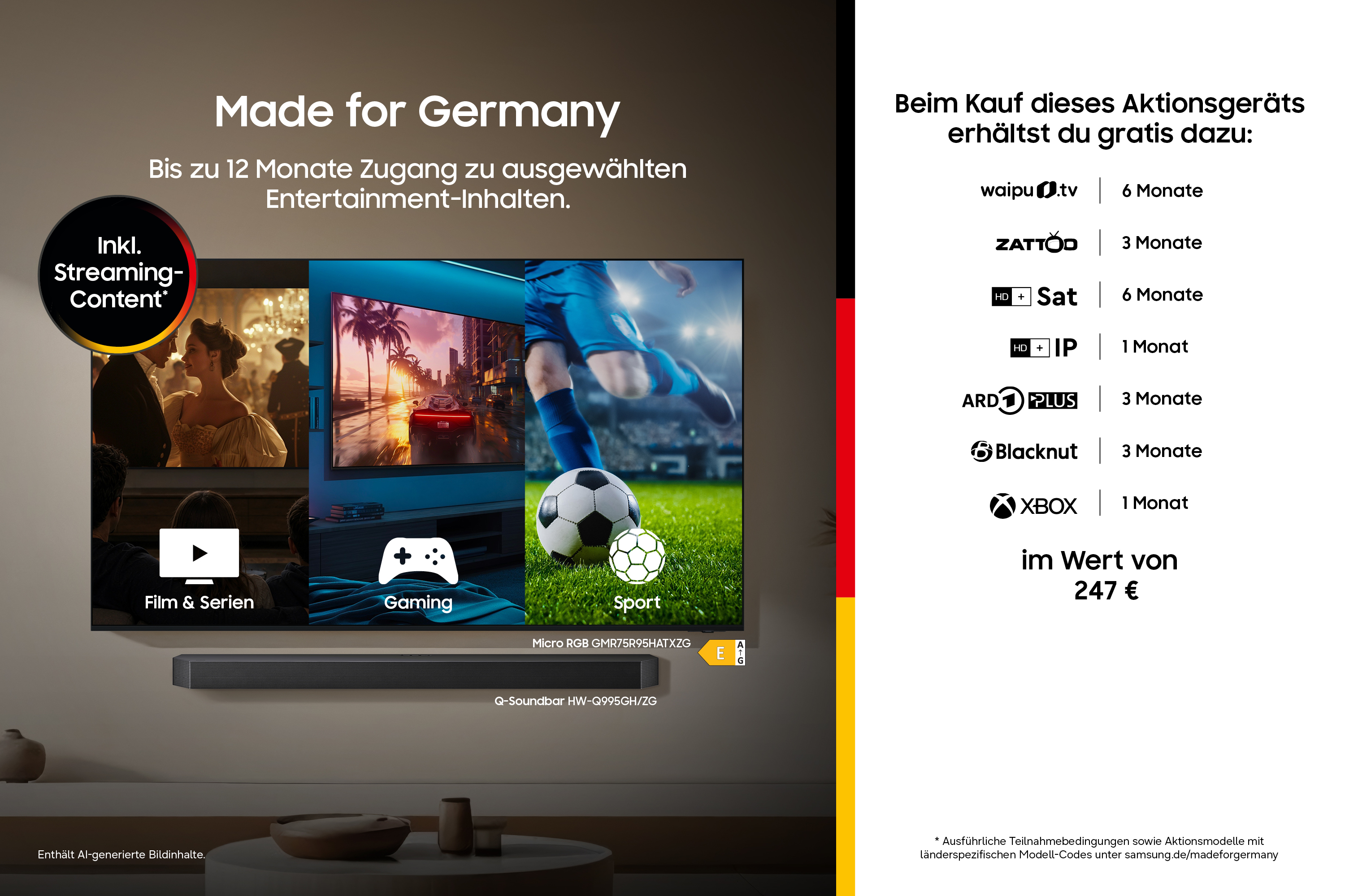 Werbung für Smart-TV mit kostenlosen Streaming-Zugängen im Wert von 247 Euro.